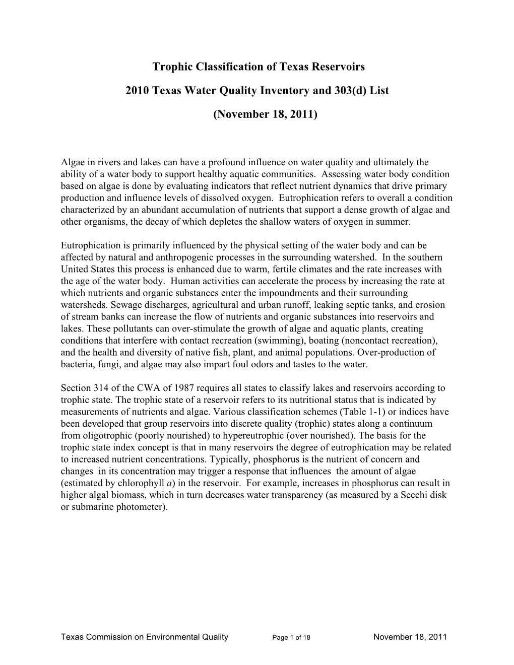 Trophic Classification of Texas Reservoirs 2010 Texas Water