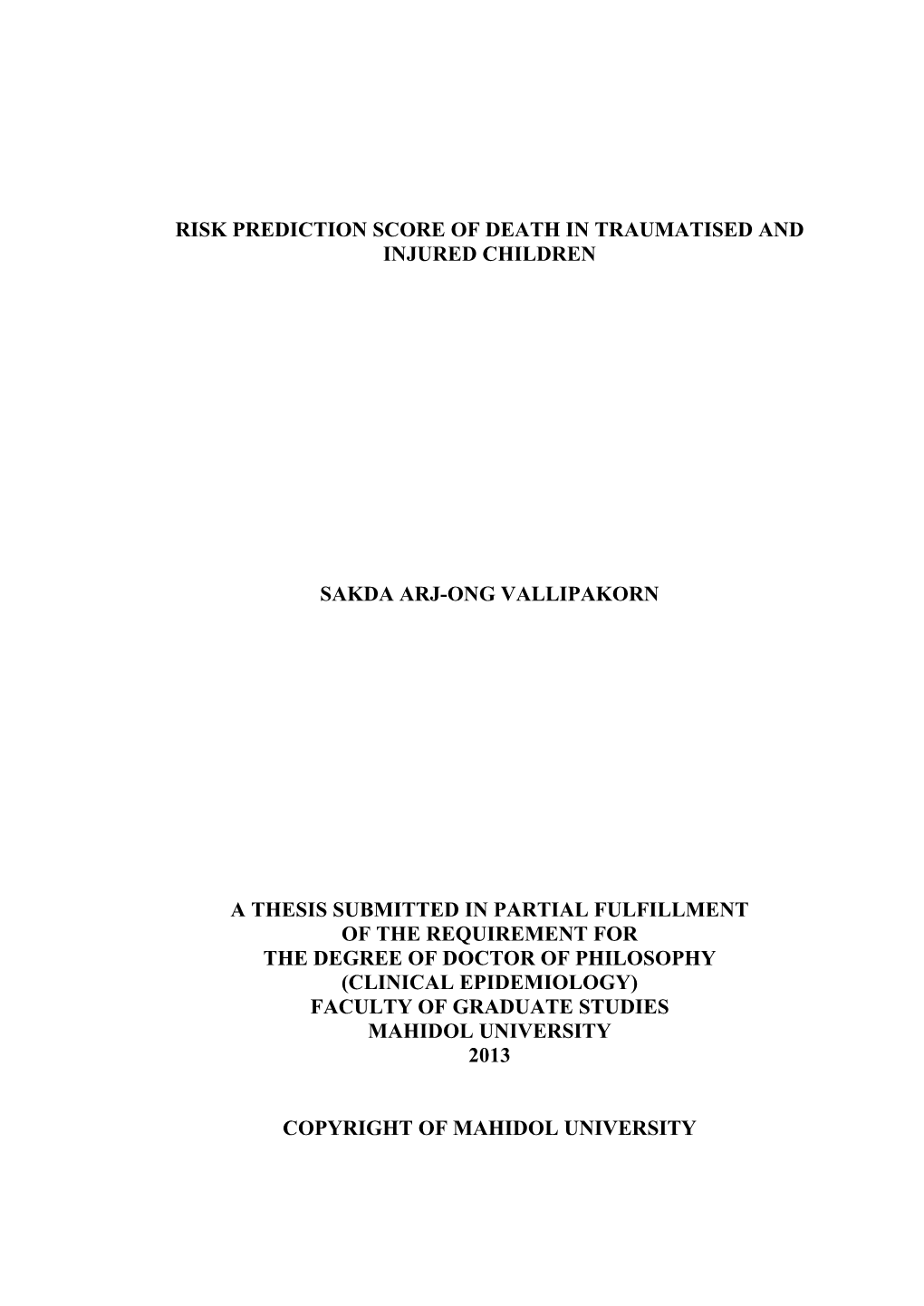 Risk Prediction Score of Death in Traumatised and Injured Children