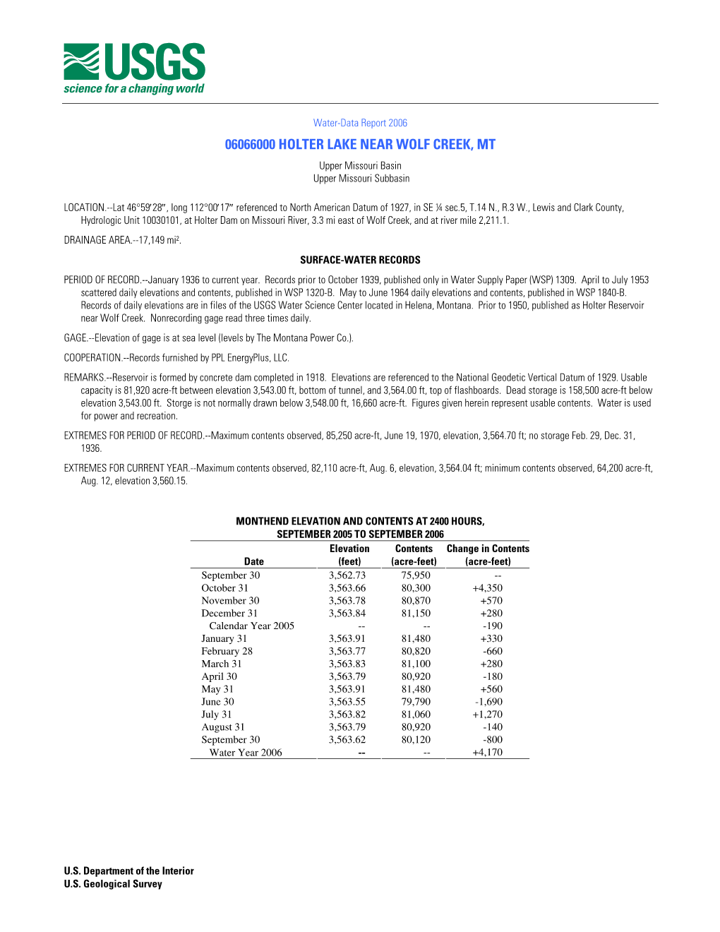 06066000 HOLTER LAKE NEAR WOLF CREEK, MT Upper Missouri Basin Upper Missouri Subbasin
