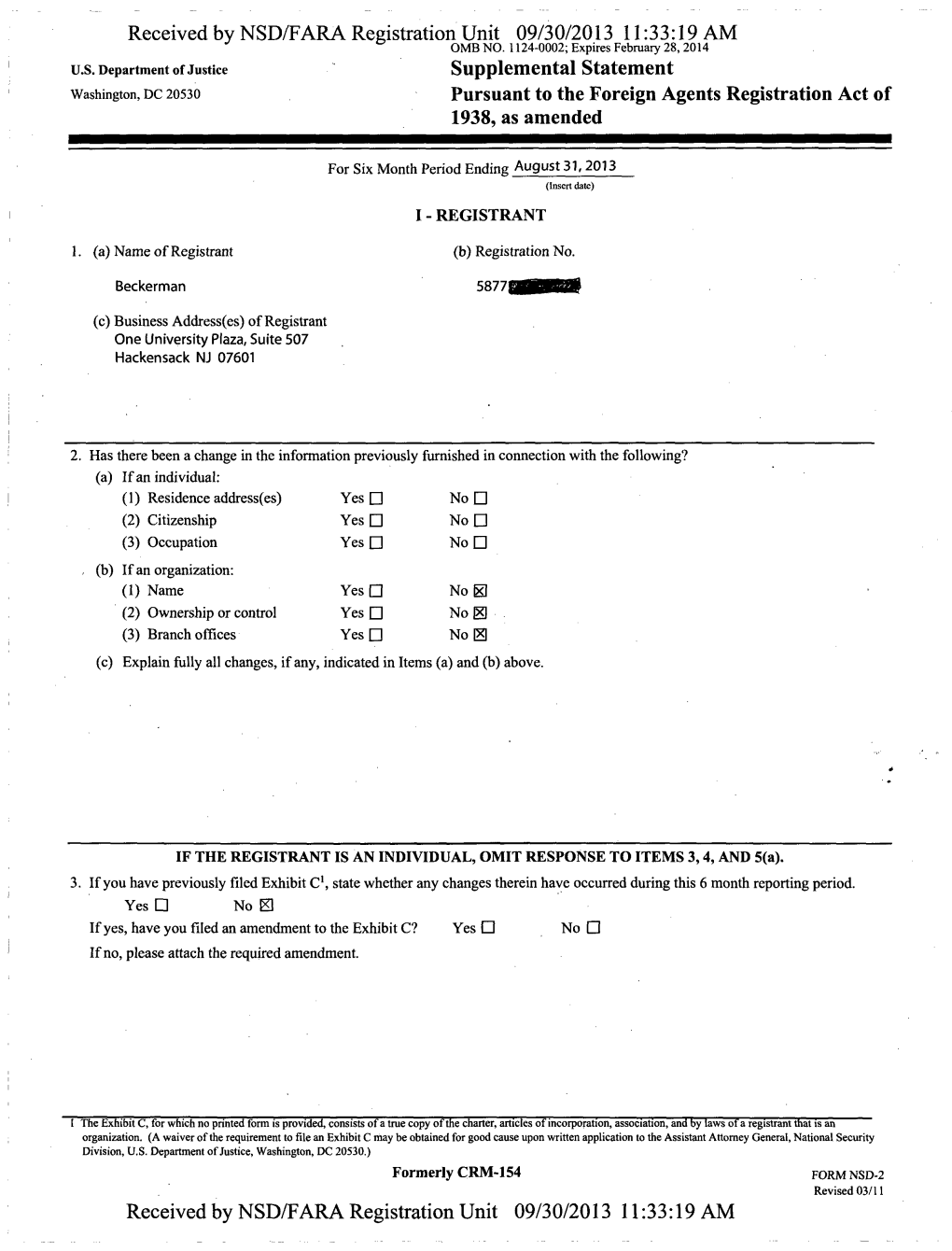 Supplemental Statement Washington, DC 20530 Pursuant to the Foreign Agents Registration Act of 1938, As Amended