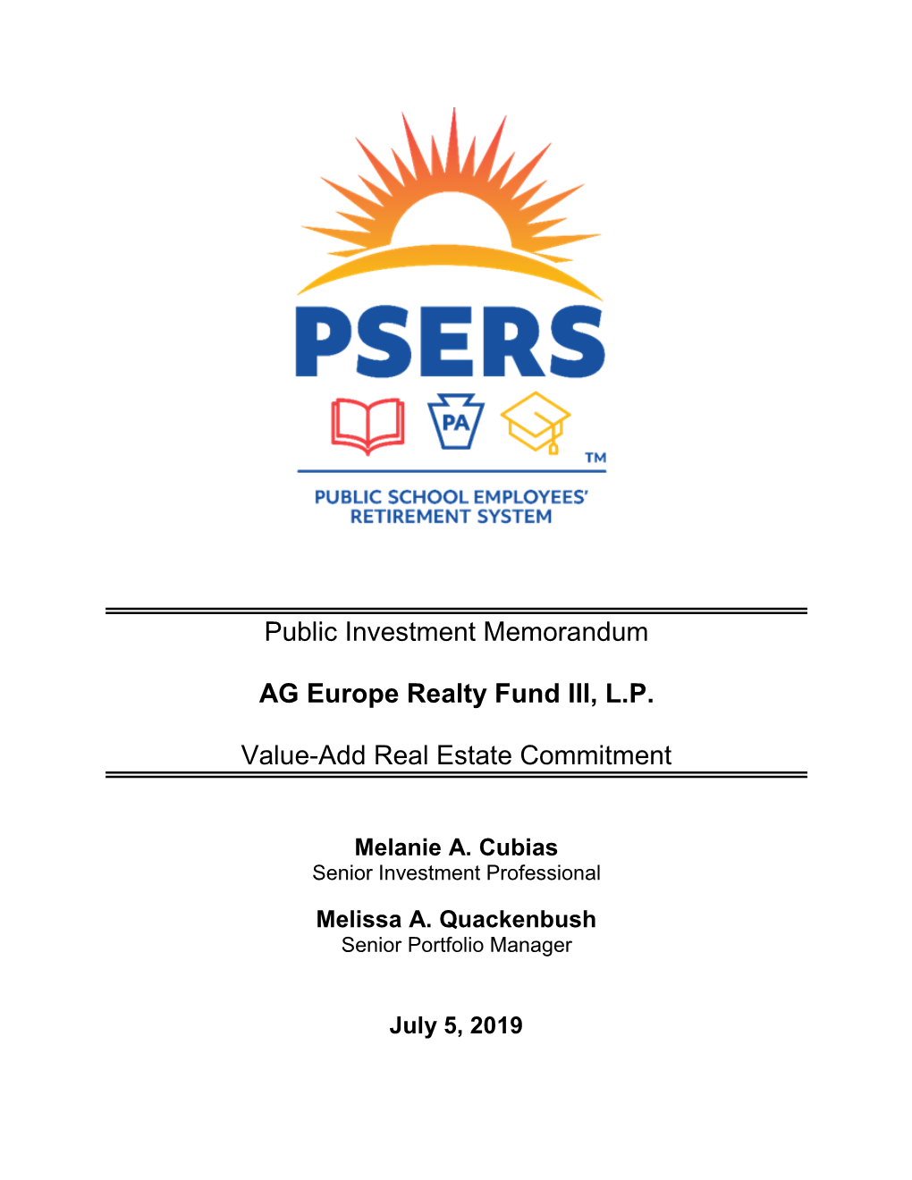 Public Investment Memorandum AG Europe Realty Fund III, L.P. Value