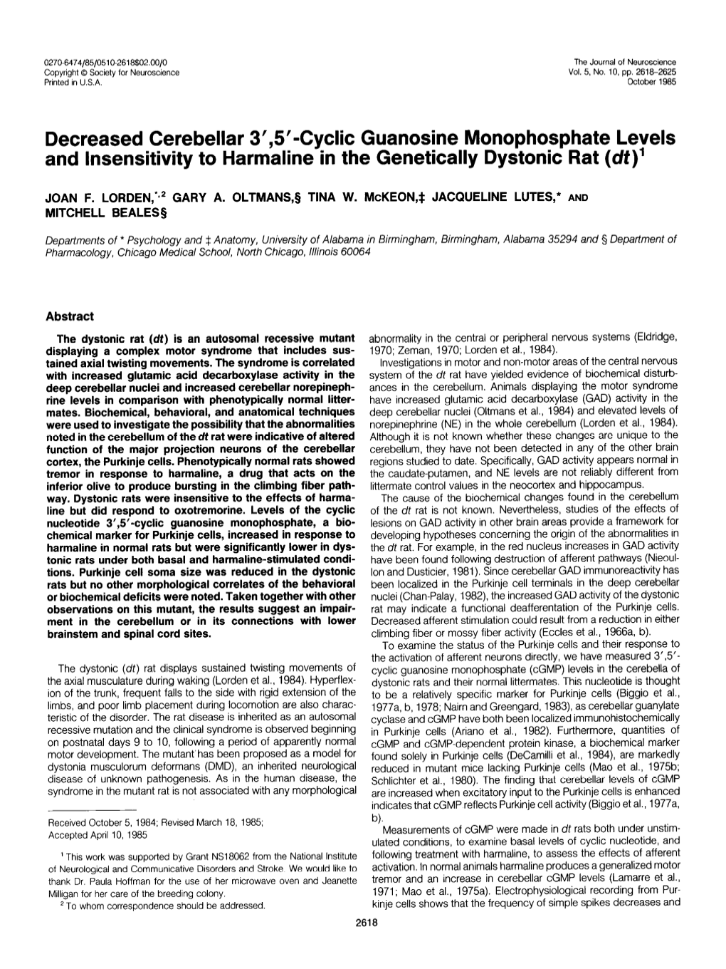 Decreased Cerebellar 3',5'-Cyclic Guanosine Monophosphate Levels