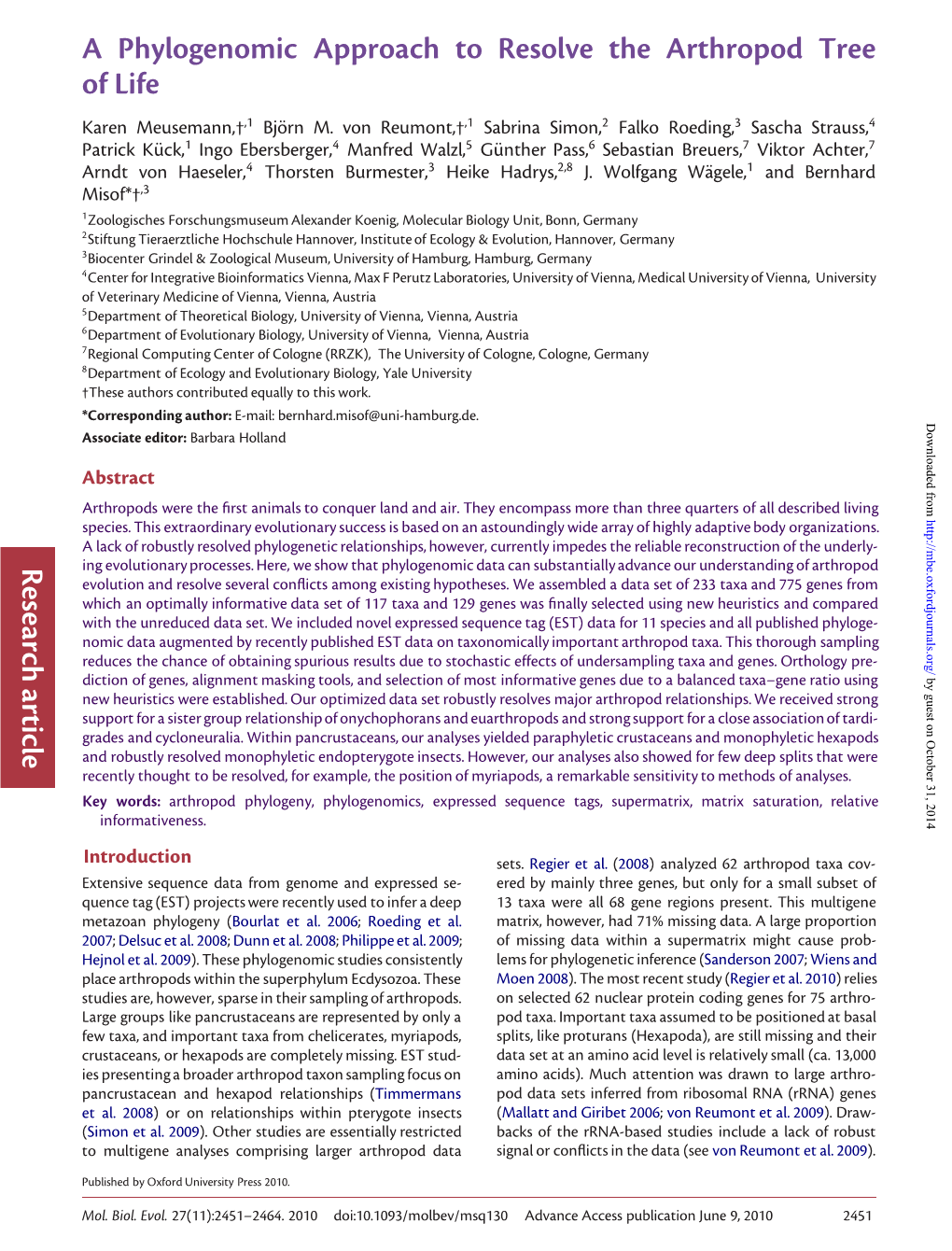 A Phylogenomic Approach to Resolve the Arthropod Tree of Life Research