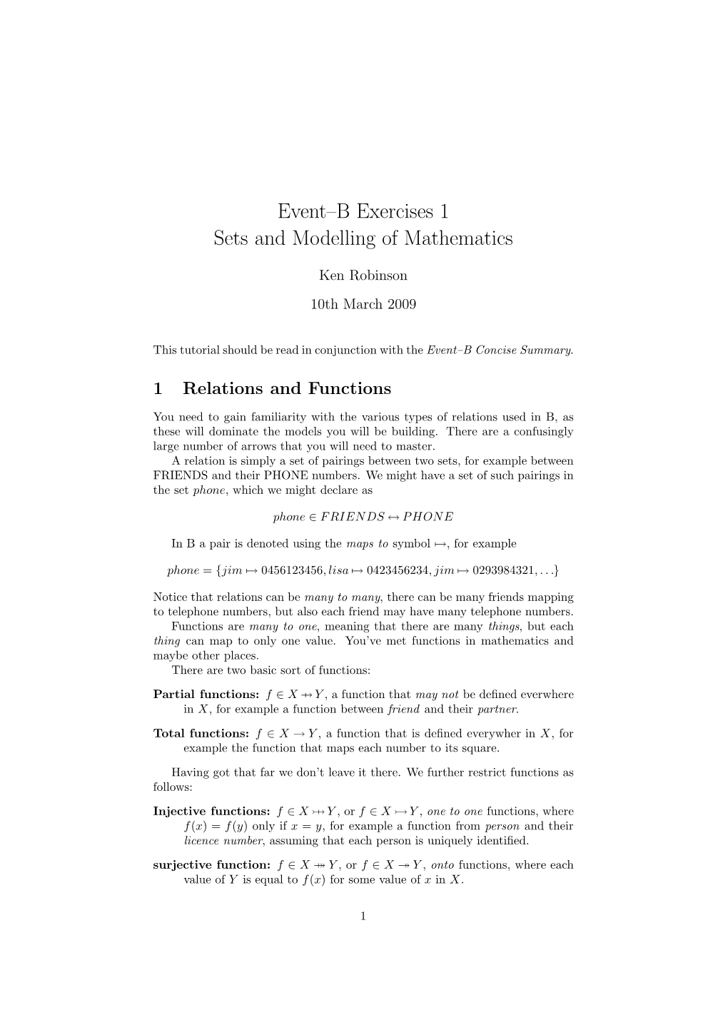 Event–B Exercises 1 Sets and Modelling of Mathematics