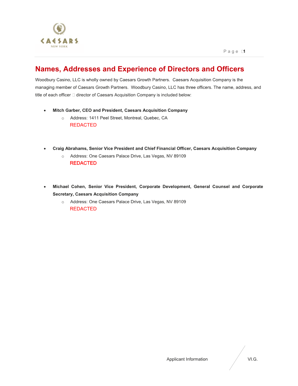 Names, Addresses and Experience of Directors and Officers