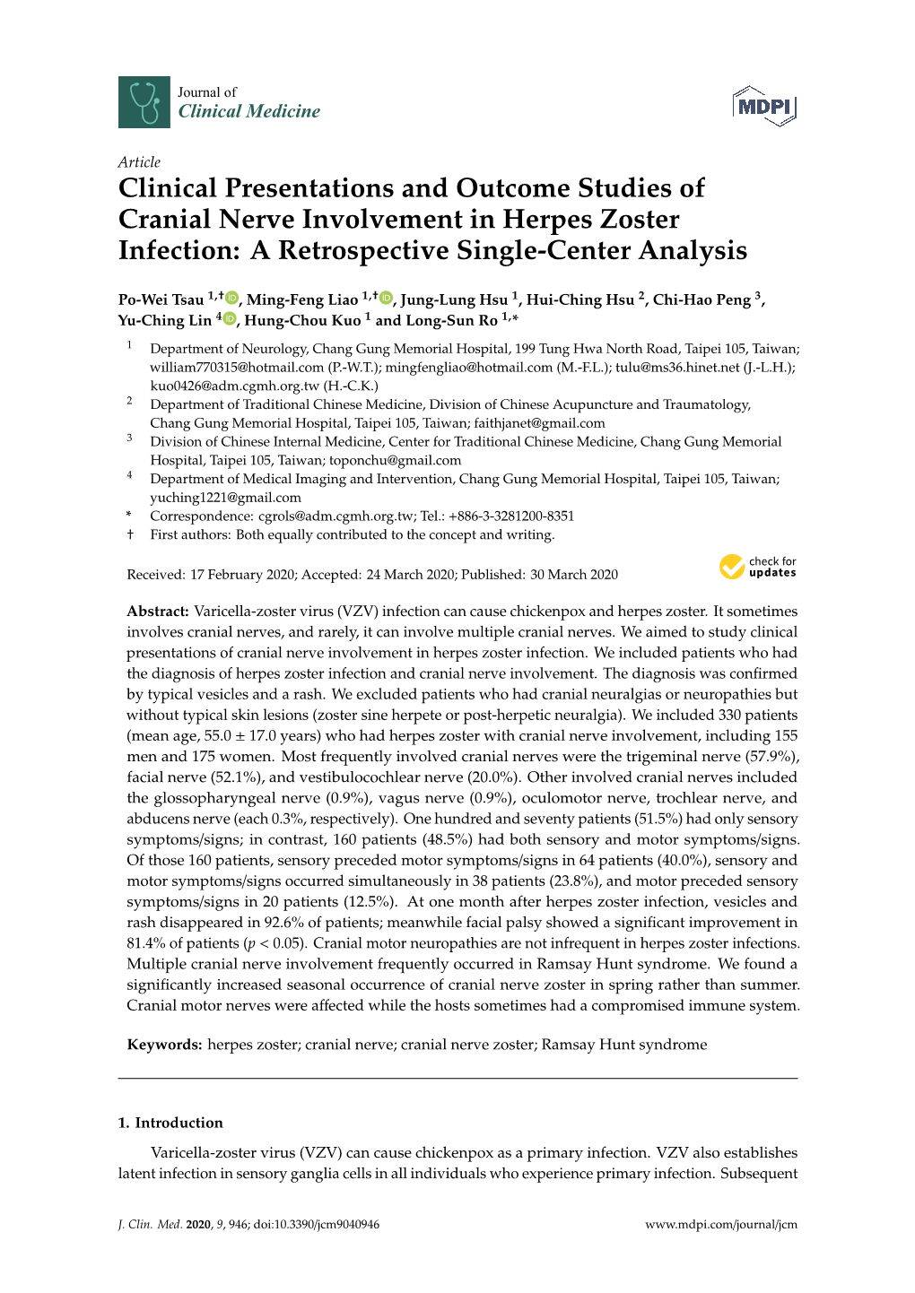 Clinical Presentations and Outcome Studies of Cranial Nerve Involvement in Herpes Zoster Infection: a Retrospective Single-Center Analysis
