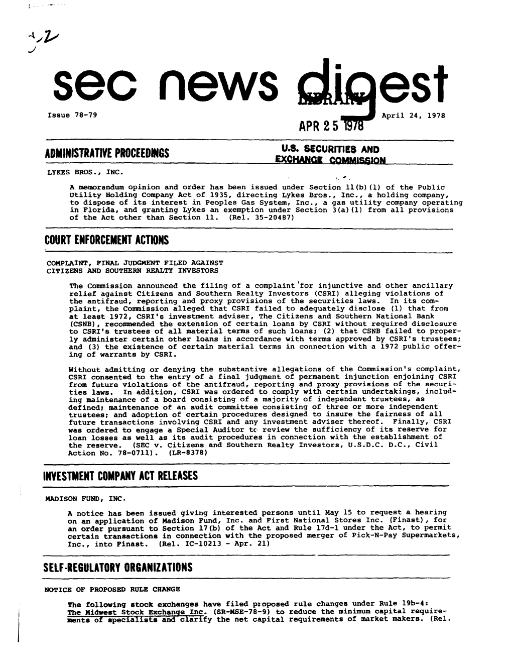 SEC News Digest, April 24, 1978