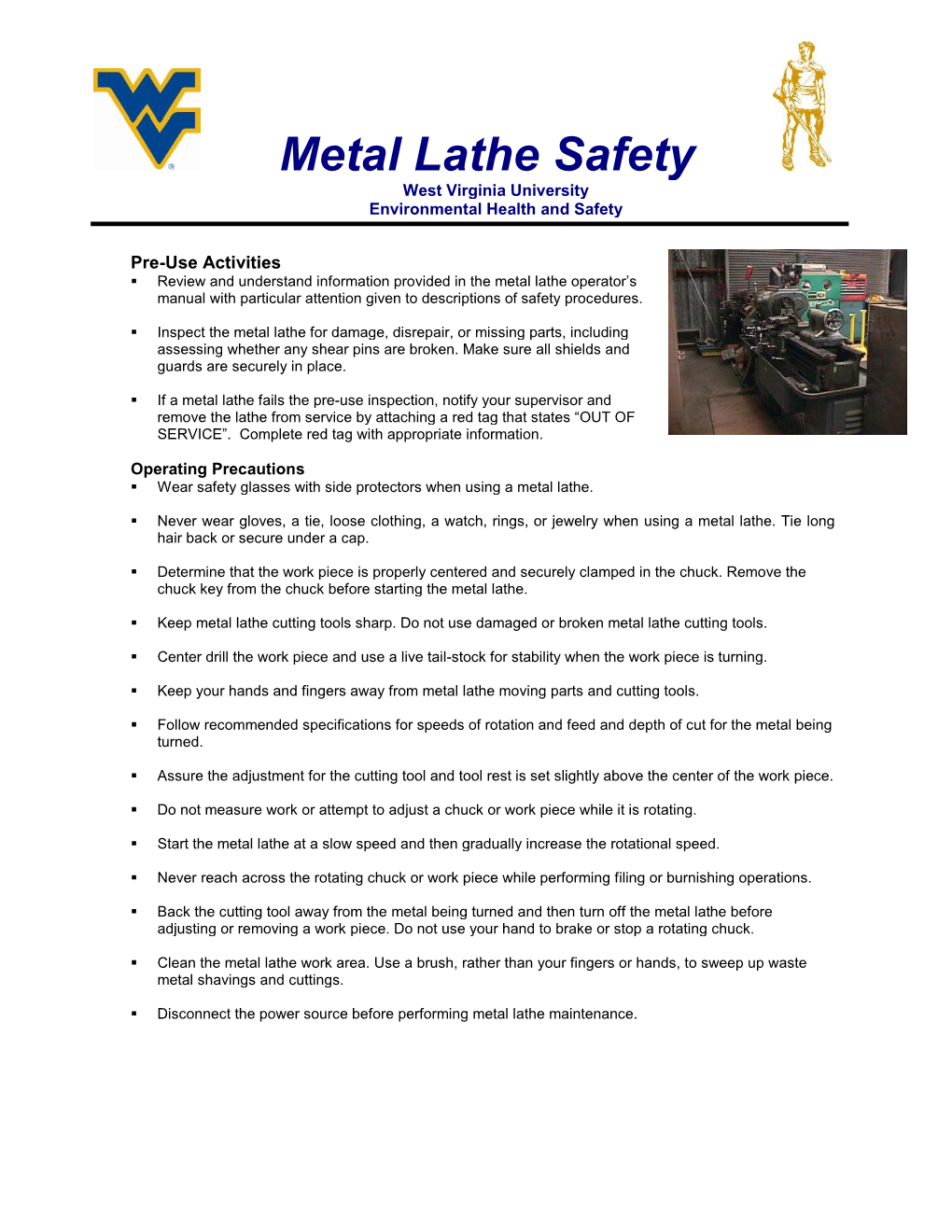 Metal Lathe Safety West Virginia University Environmental Health and Safety