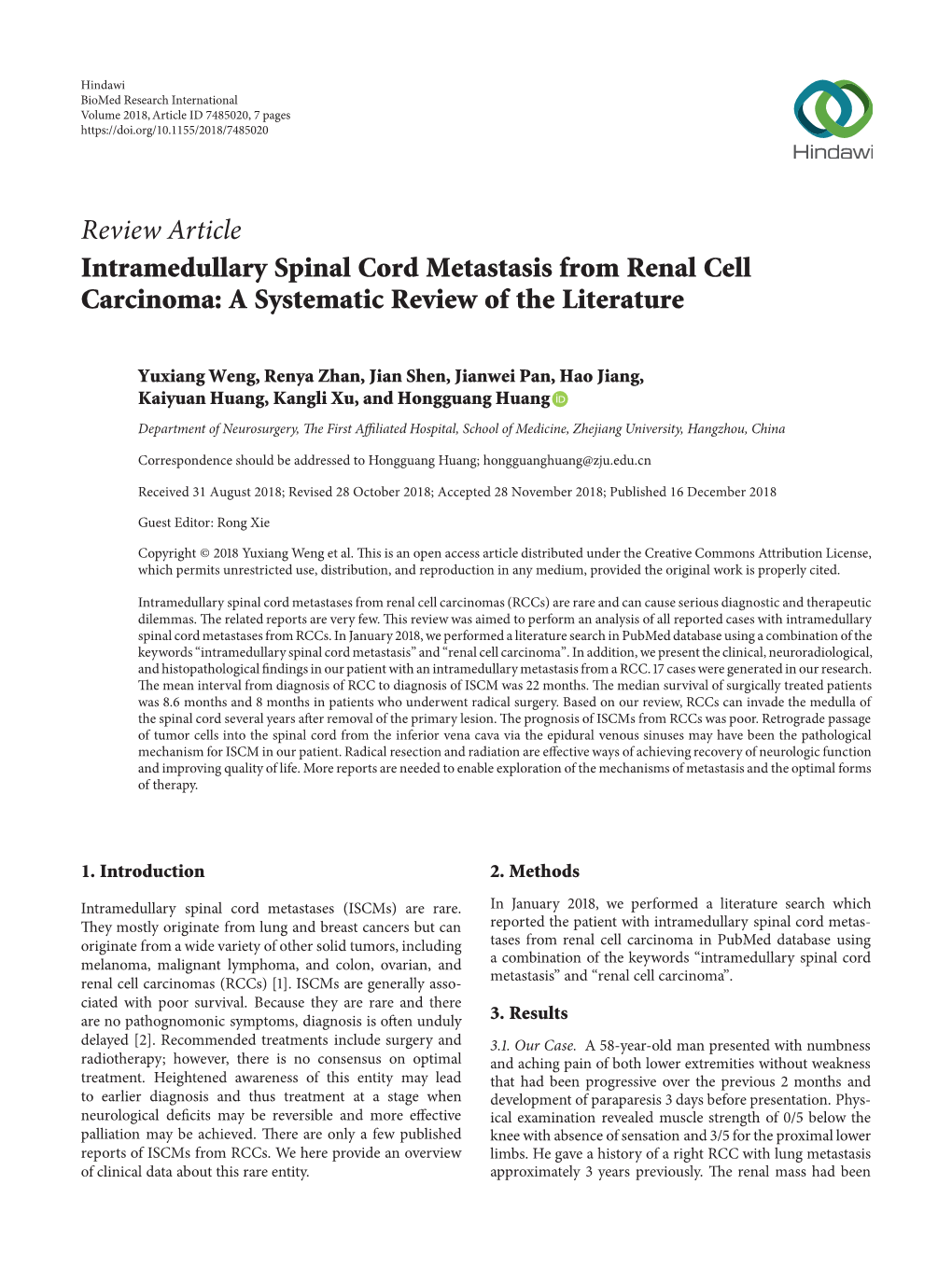 Review Article Intramedullary Spinal Cord Metastasis from Renal Cell Carcinoma: a Systematic Review of the Literature