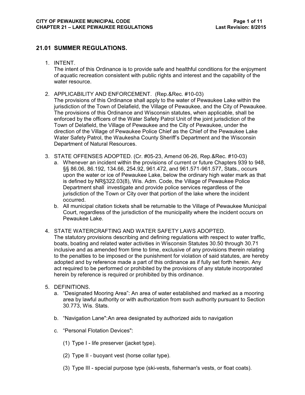 CHAPTER 21 – LAKE PEWAUKEE REGULATIONS Last Revision: 8/2015