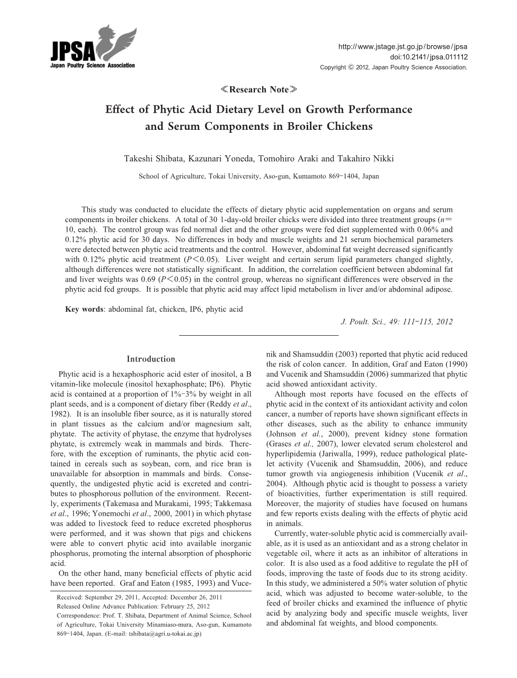 Effect of Phytic Acid Dietary Level on Growth Performance and Serum Components in Broiler Chickens