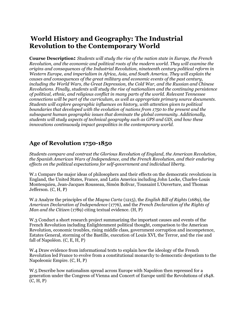 World History and Geography: the Industrial Revolution to the Contemporary World