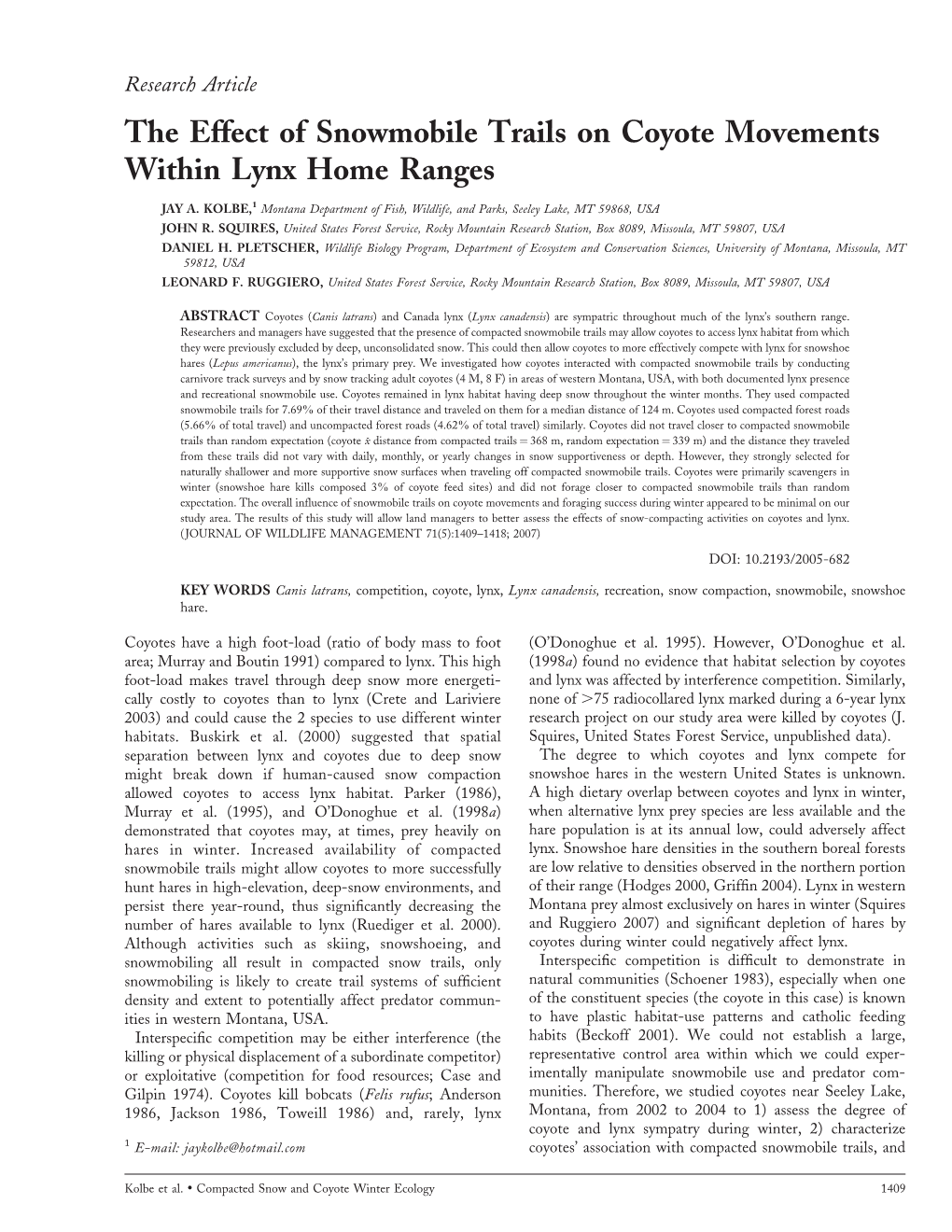 The Effect of Snowmobile Trails on Coyote Movements Within Lynx Home Ranges