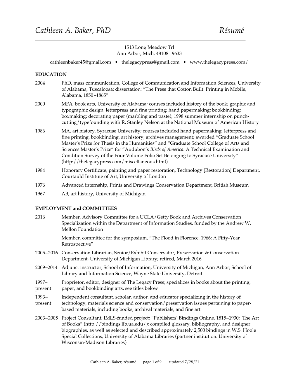 Cathleen A. Baker, Phd Résumé