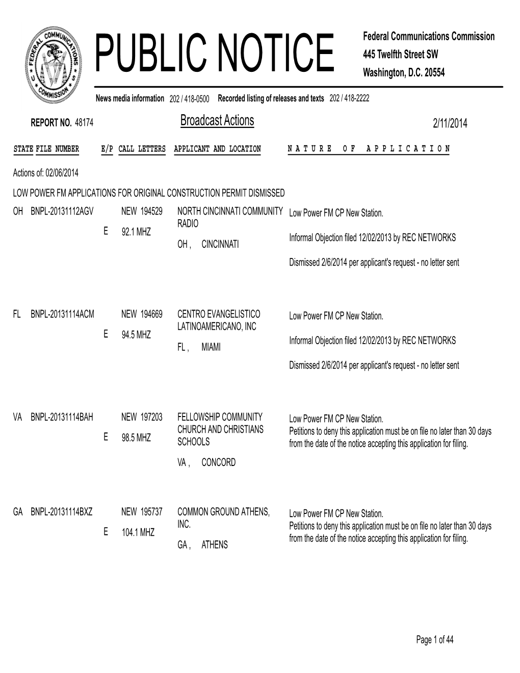 Broadcast Actions 2/11/2014