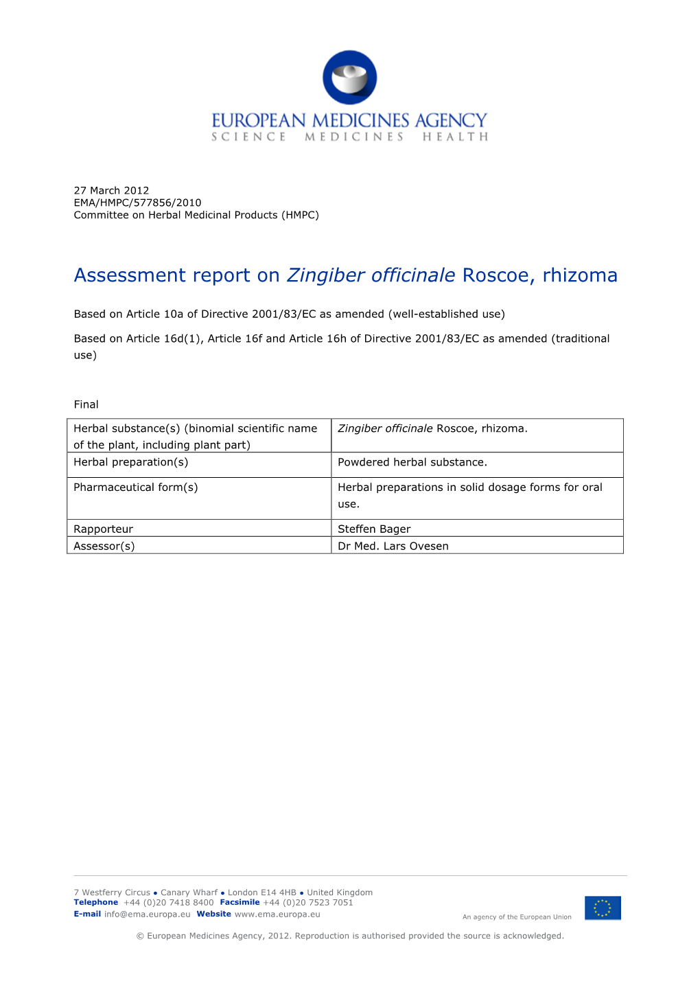 Final Assessment Report on Zingiber Officinale Roscoe, Rhizoma