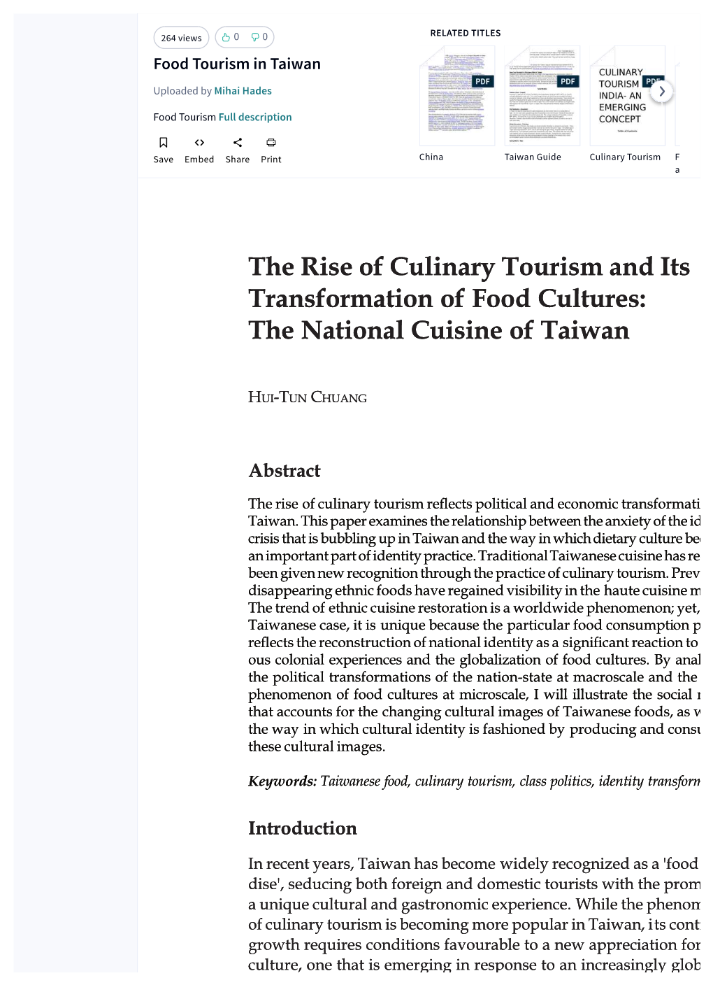 The Rise of Culinary Tourism and Its Transformation of Food Cultures: the National Cuisine of Taiwan