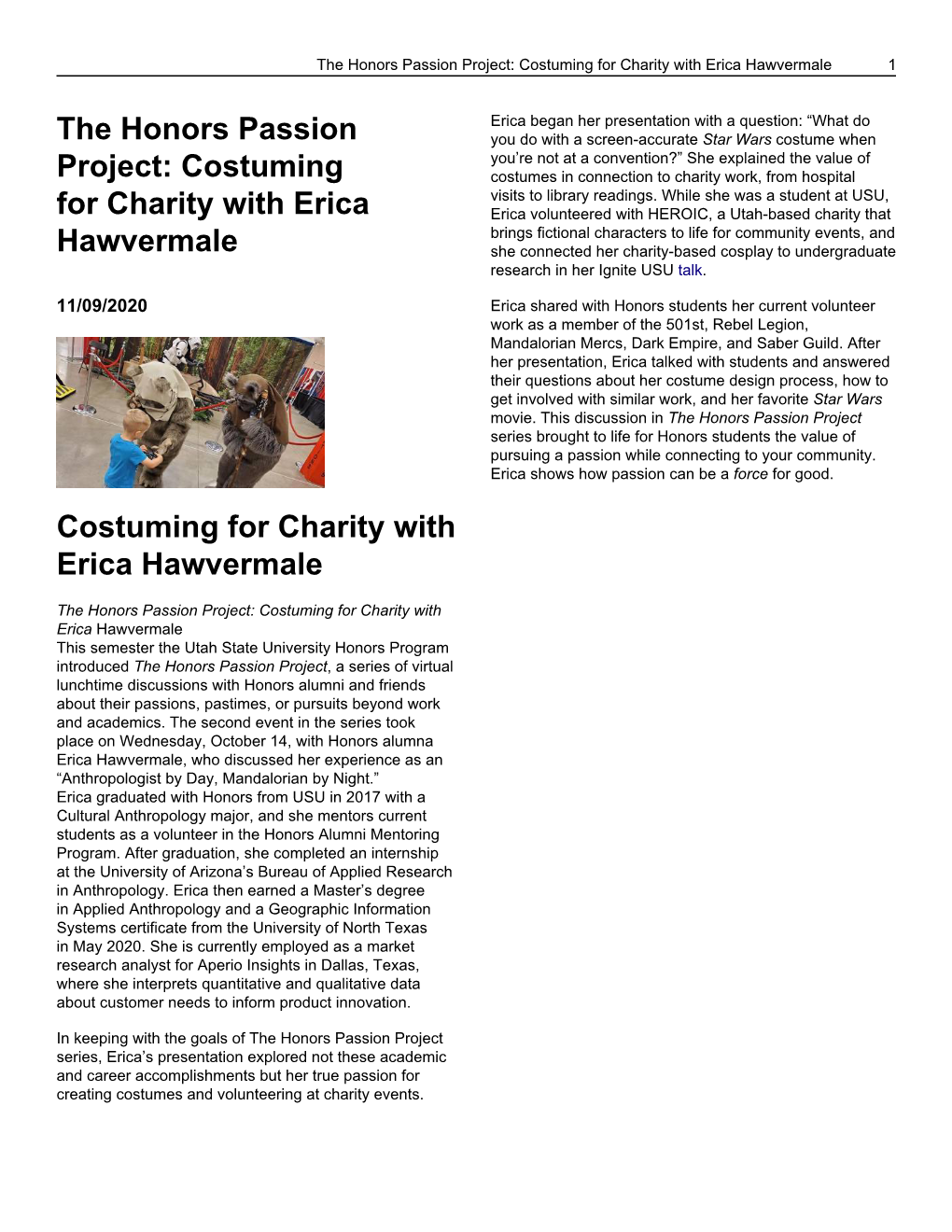 The Honors Passion Project: Costuming for Charity with Erica Hawvermale 1