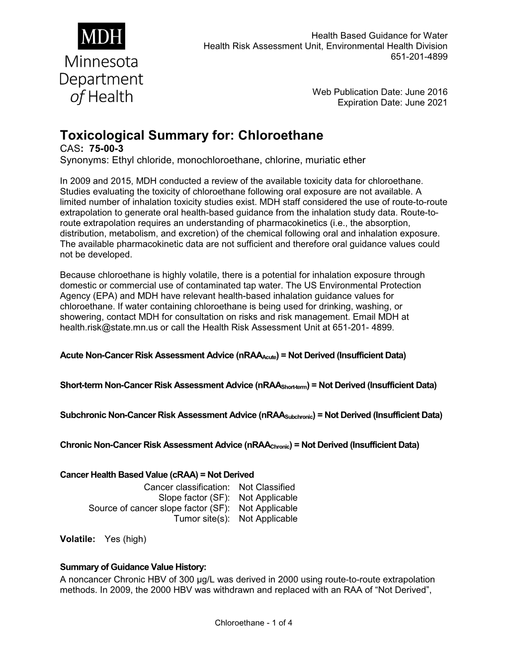 Toxicological Summary for Chloroethane (PDF)