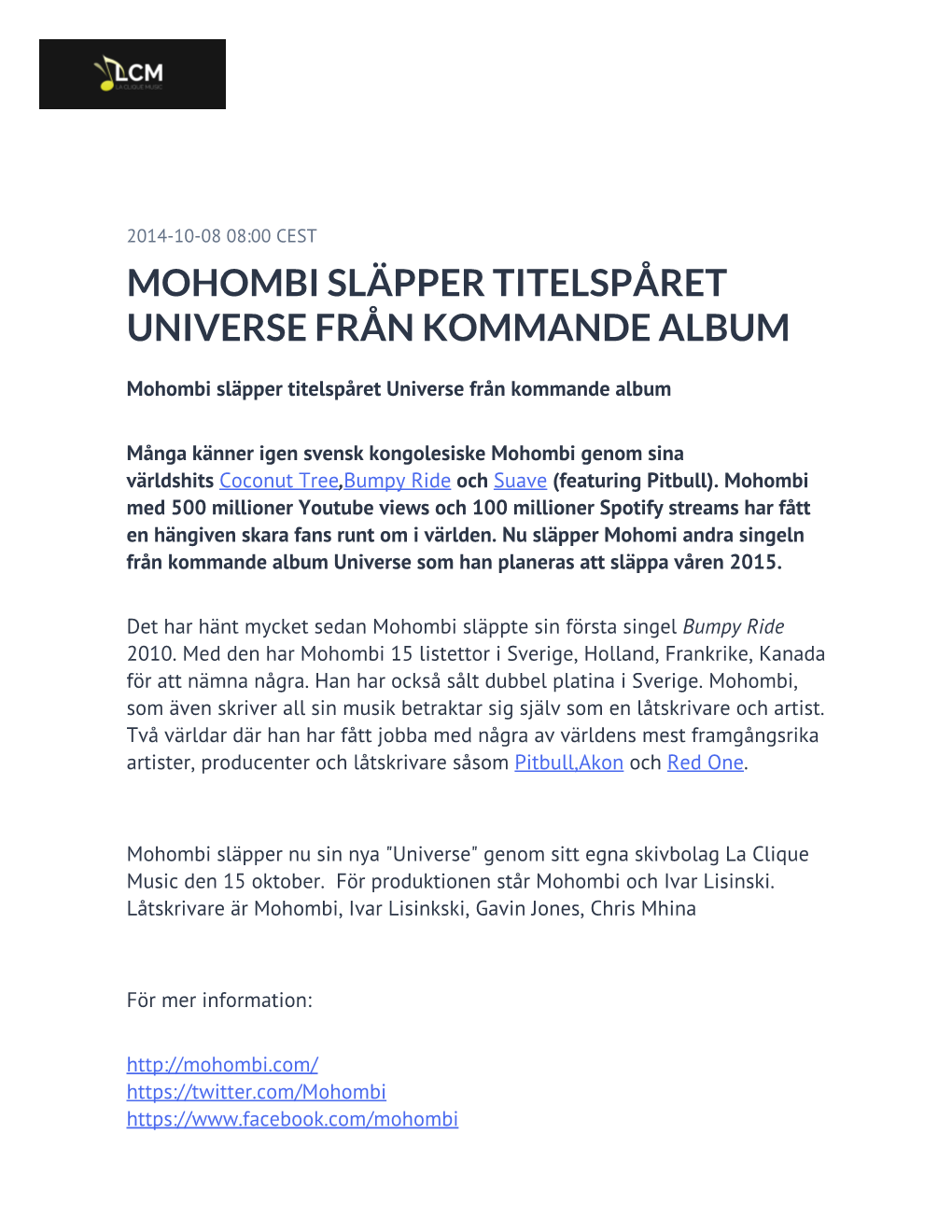 Mohombi Släpper Titelspåret Universe Från Kommande Album