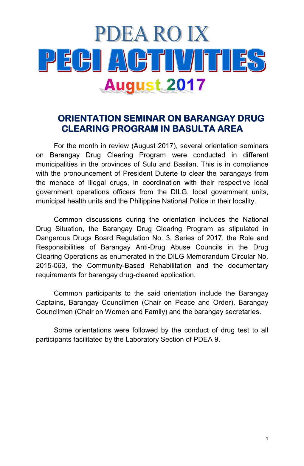 Orientation Seminar on Barangay Drug Clearing Program in Basulta Area