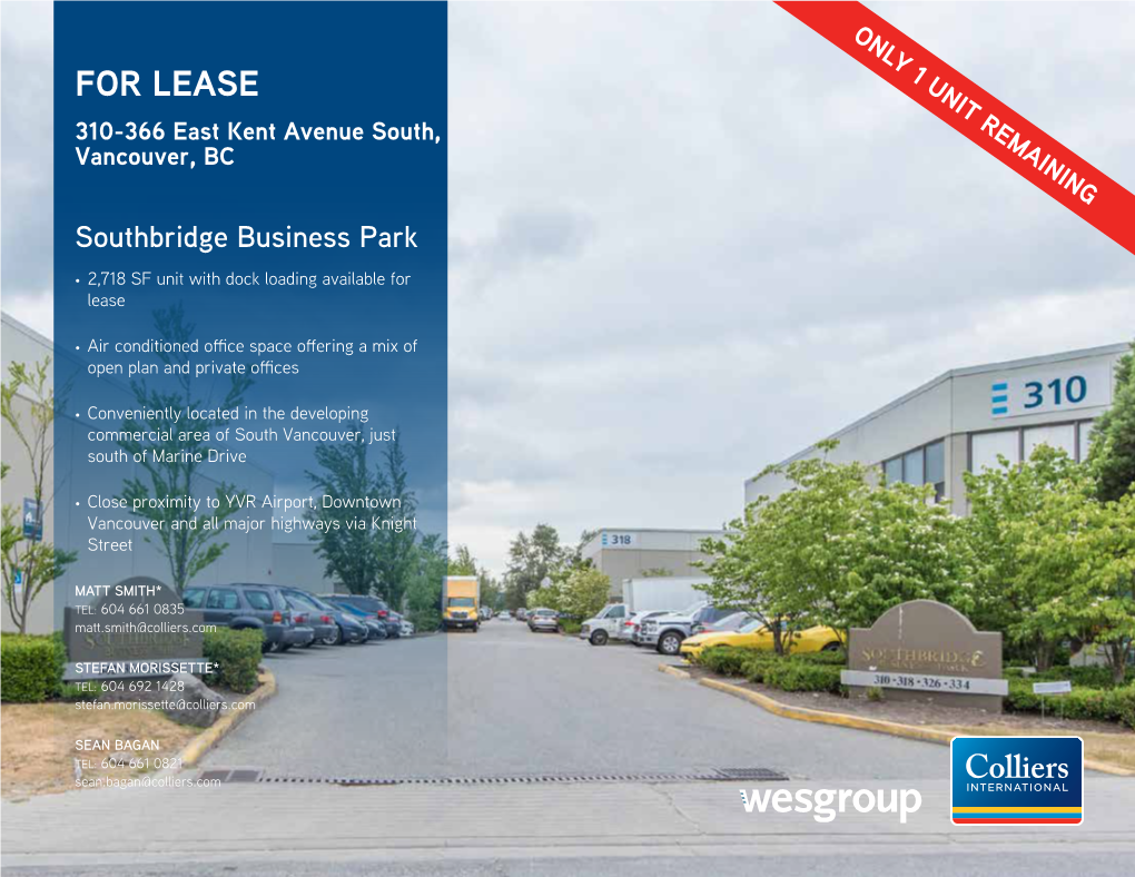 FOR LEASE 310-366 East Kent Avenue South, Vancouver, BC