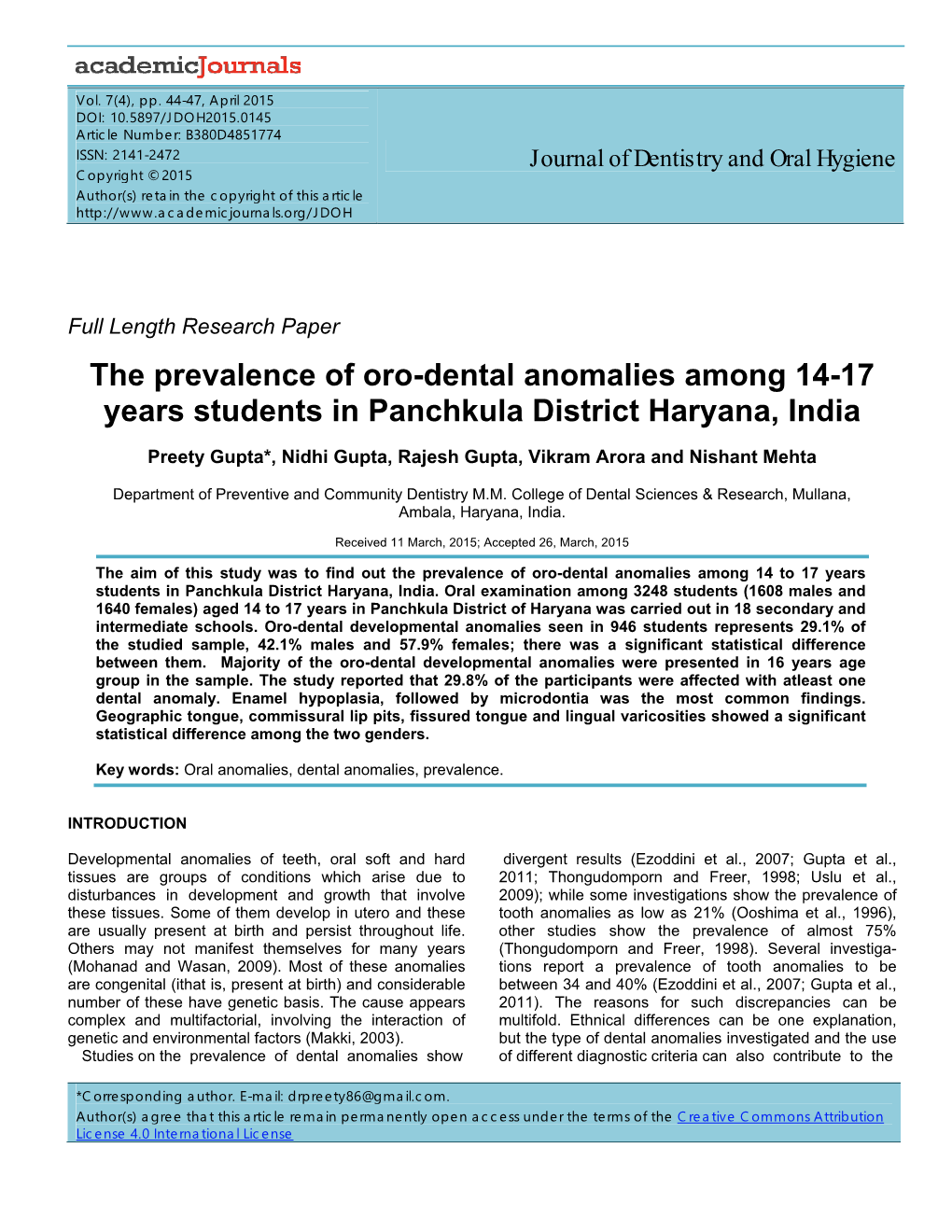 The Prevalence of Oro-Dental Anomalies Among 14-17 Years Students in Panchkula District Haryana, India