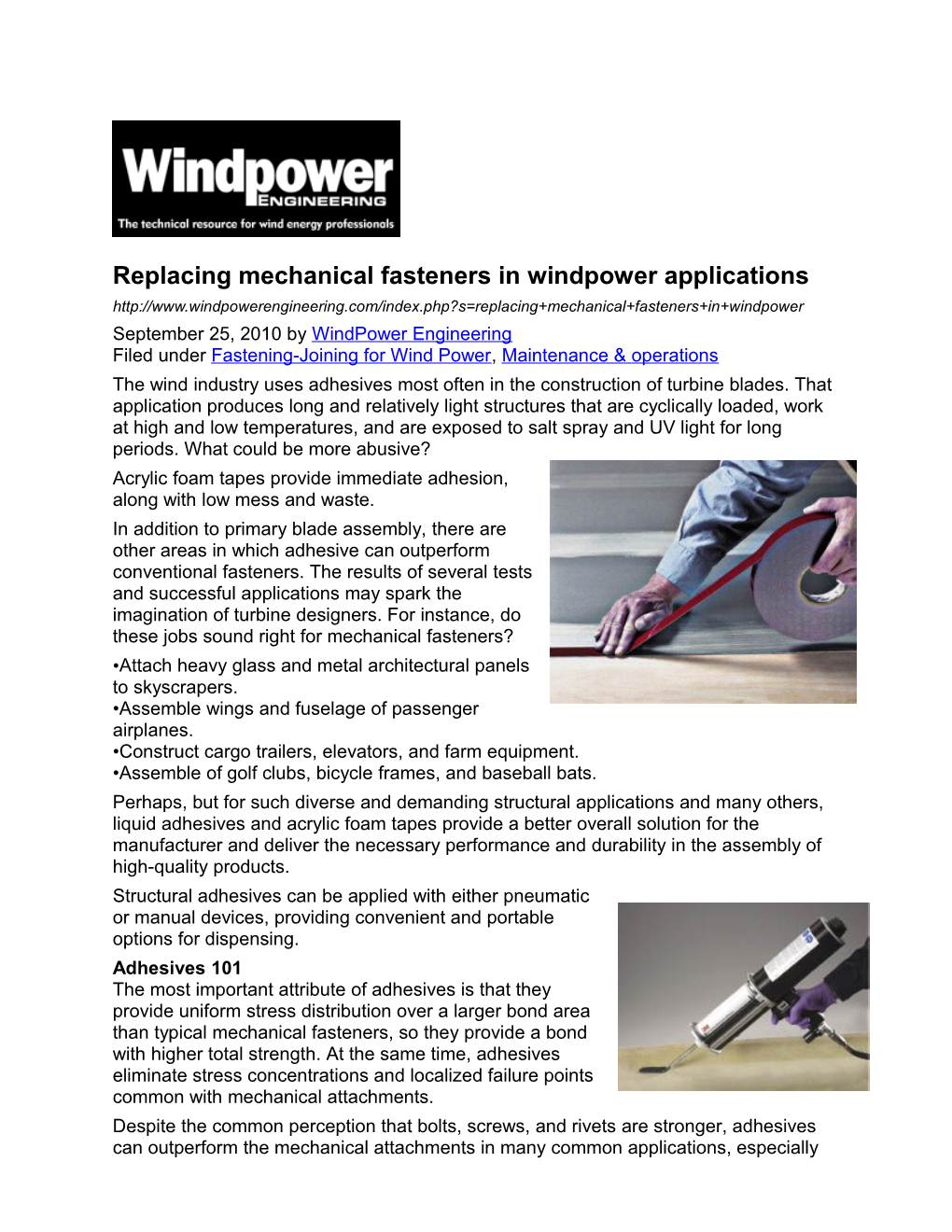 Replacing Mechanical Fasteners in Windpower Applications