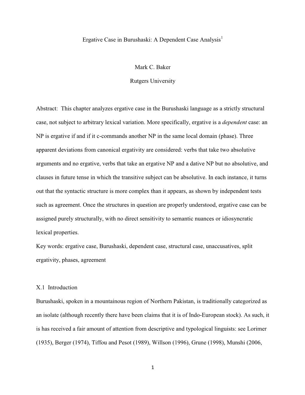 Ergative Case in Burushaski: a Dependent Case Analysis Mark C