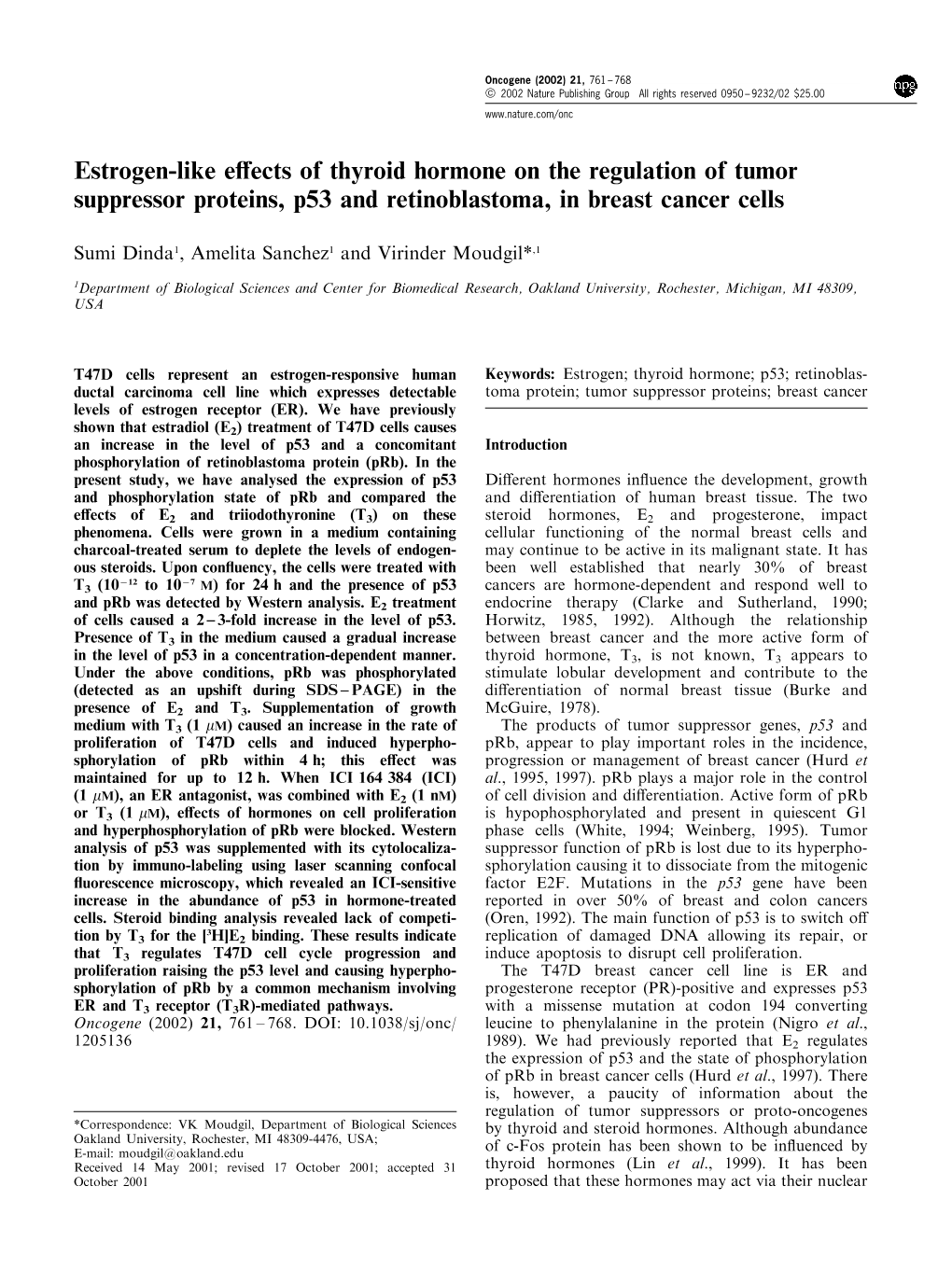 Estrogen-Like E€Ects of Thyroid Hormone on the Regulation of Tumor