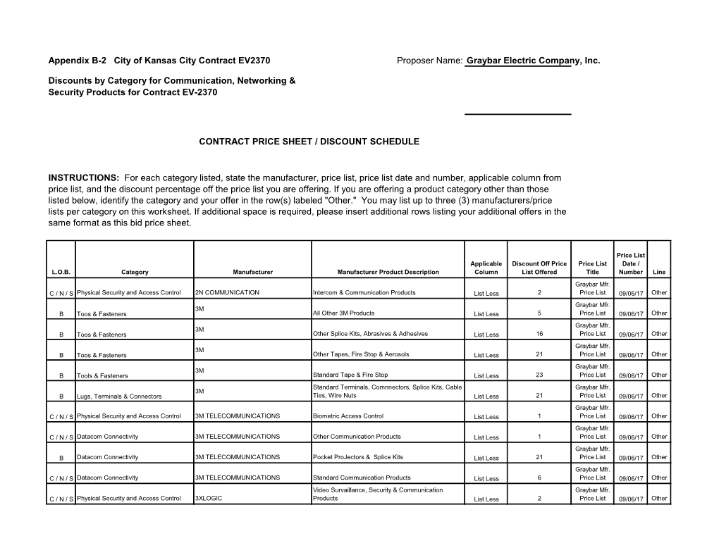 Appendix B-2 City of Kansas City Contract EV2370 Proposer Name: Graybar Electric Company, Inc