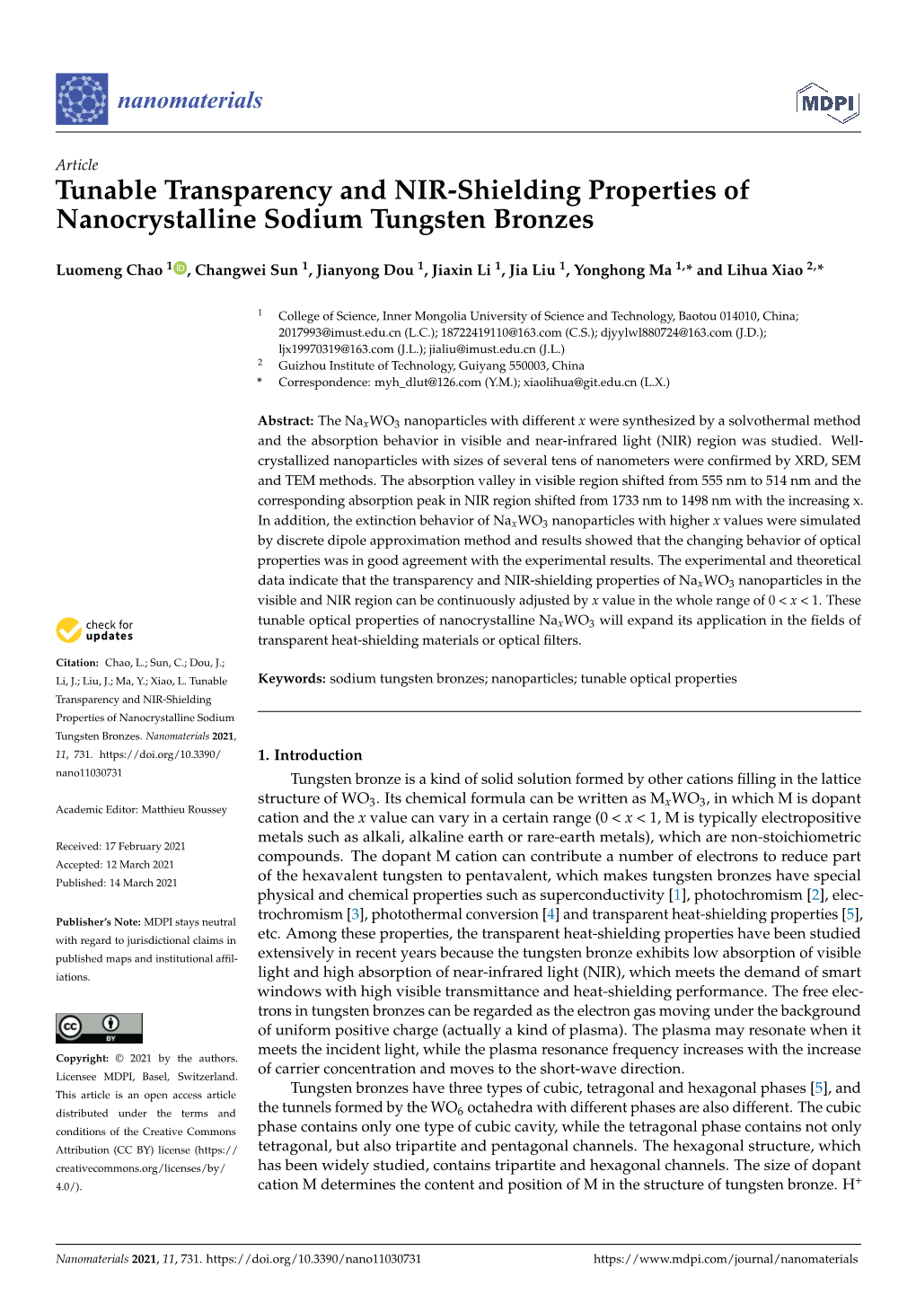 Tunable Transparency and NIR-Shielding Properties of Nanocrystalline Sodium Tungsten Bronzes