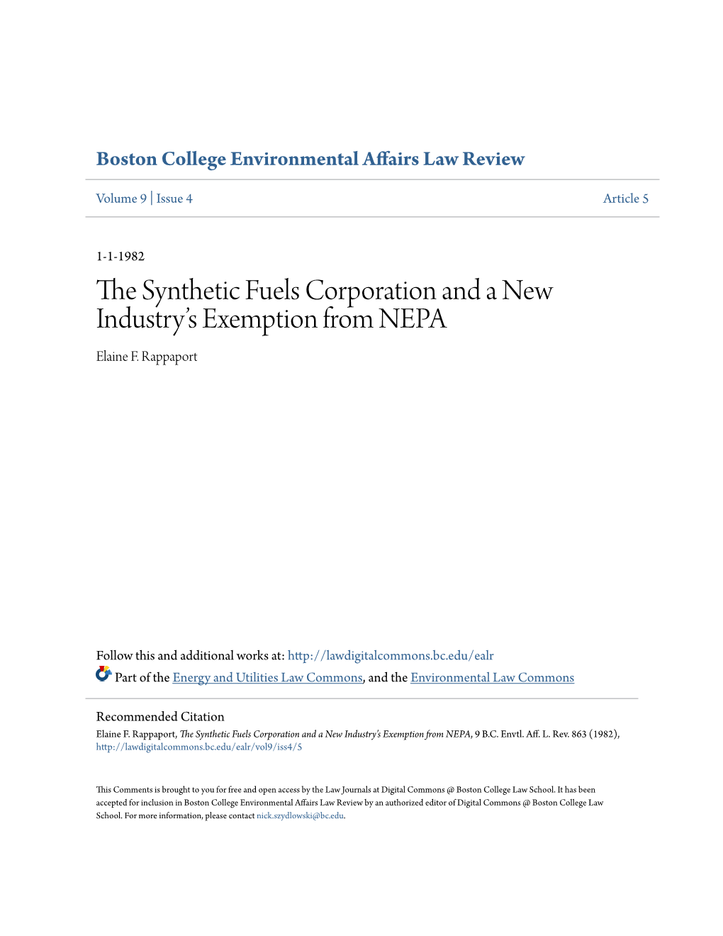 The Synthetic Fuels Corporation and a New Industry's Exemption from Nepa