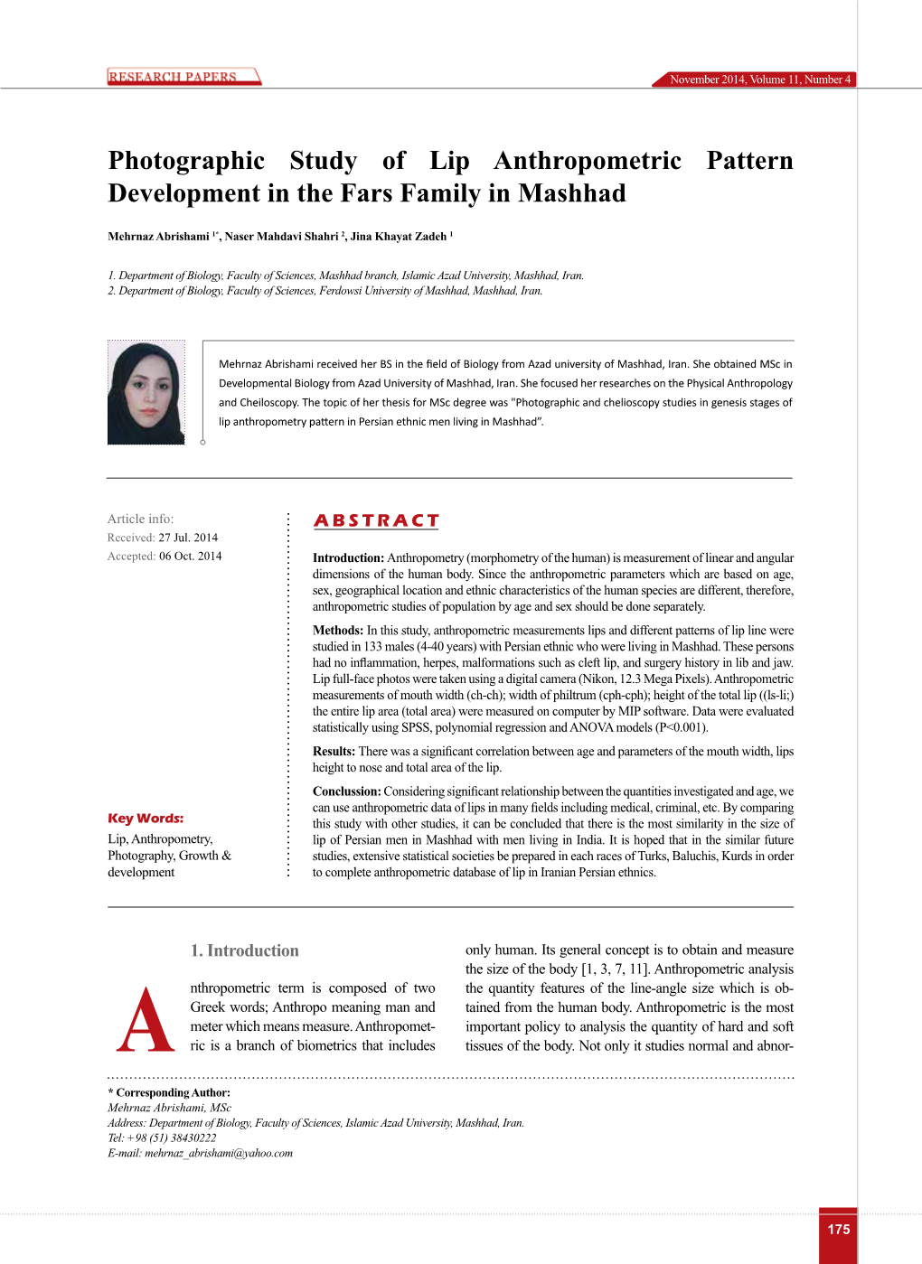 Photographic Study of Lip Anthropometric Pattern Development in the Fars Family in Mashhad