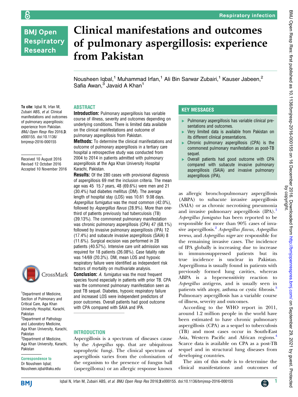 Clinical Manifestations and Outcomes of Pulmonary Aspergillosis: Experience from Pakistan