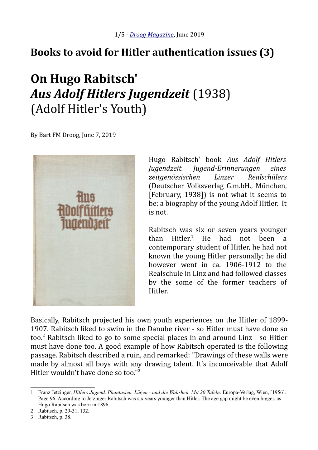 On Hugo Rabitsch' Aus Adolf Hitlers Jugendzeit (1938) (Adolf Hitler's Youth)