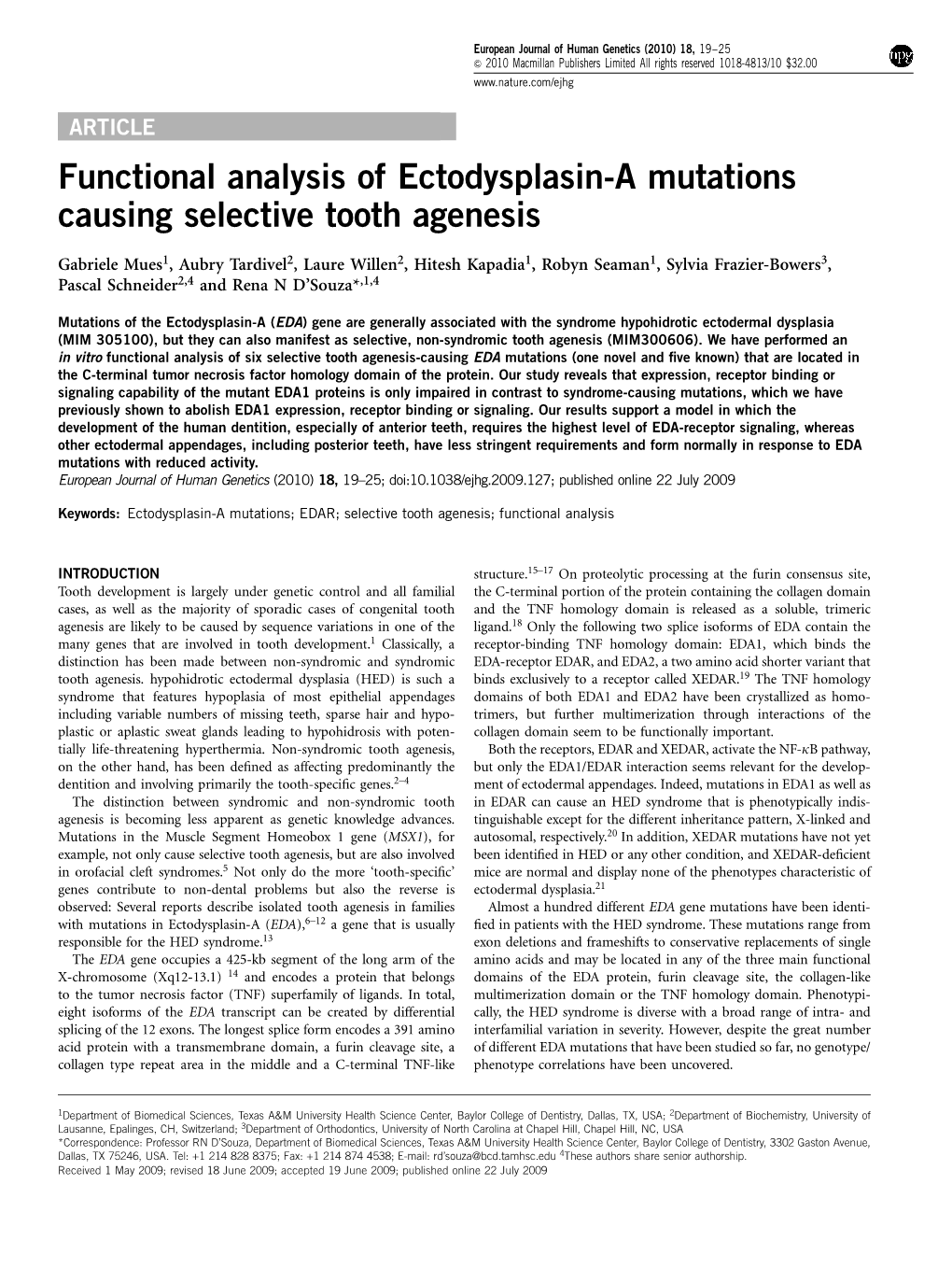 Functional Analysis of Ectodysplasin-A Mutations Causing Selective Tooth Agenesis
