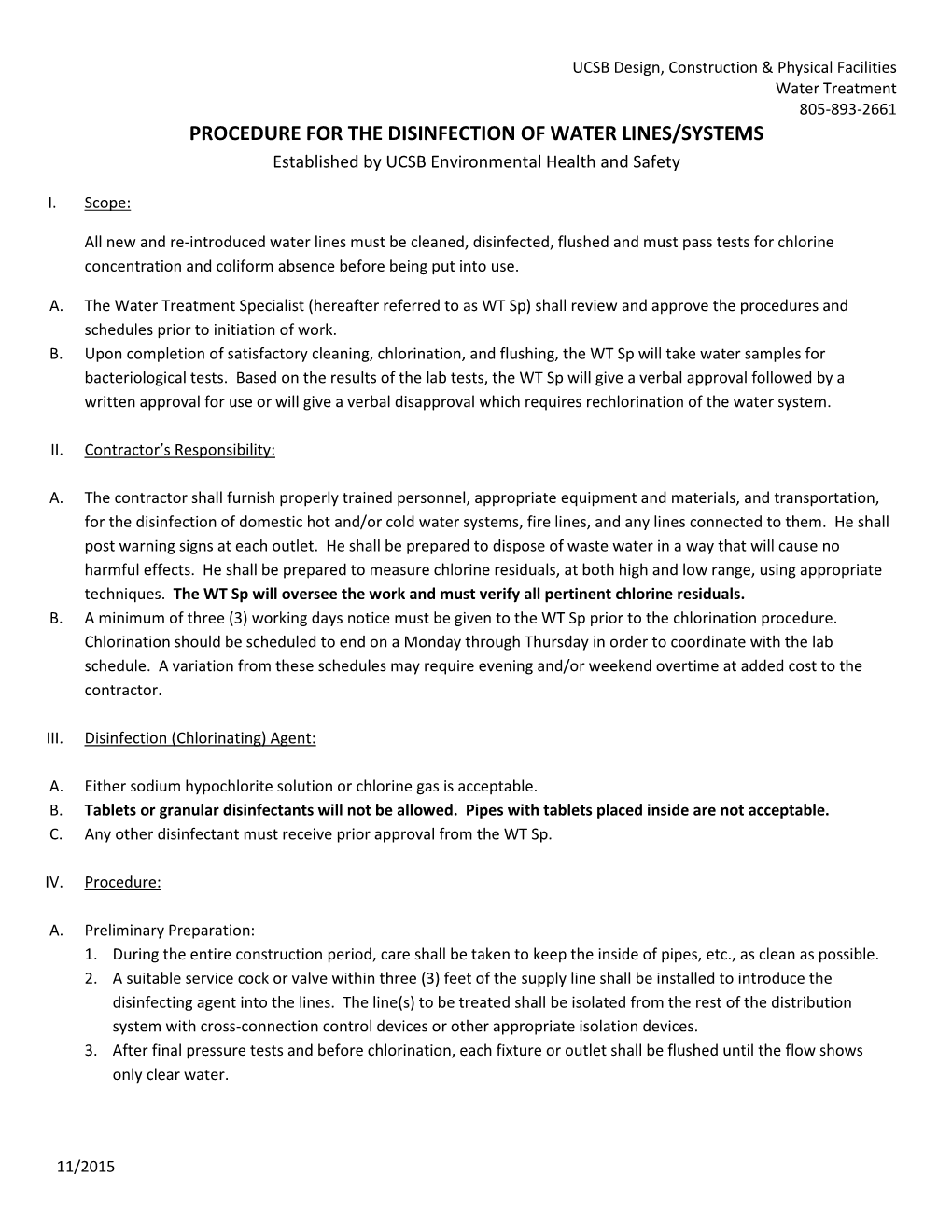 PROCEDURE for the DISINFECTION of WATER LINES/SYSTEMS Established by UCSB Environmental Health and Safety