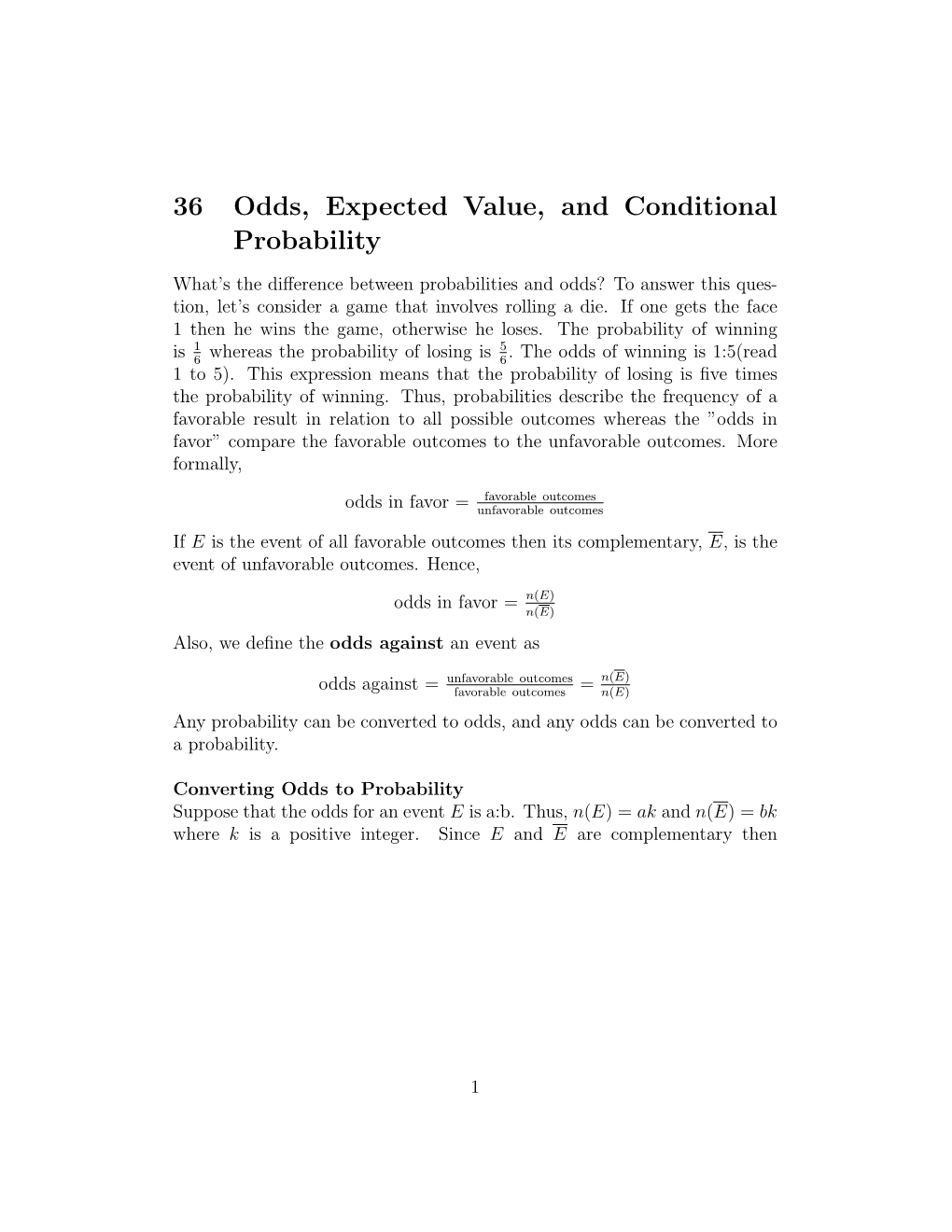36 Odds, Expected Value, and Conditional Probability