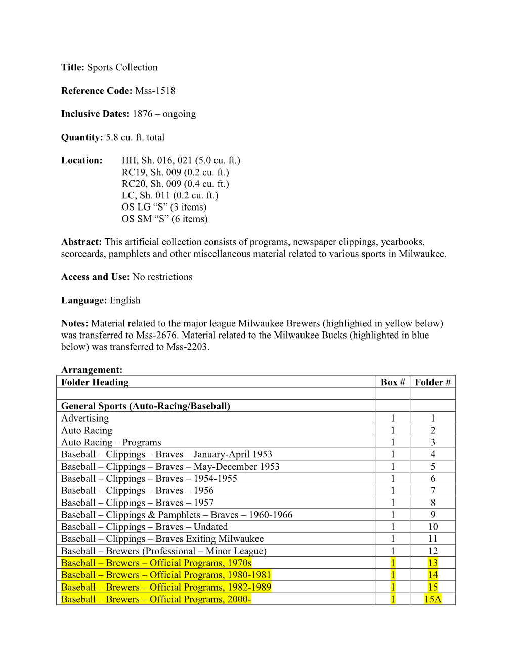 Title: Sports Collection Reference Code: Mss-1518 Inclusive Dates: 1876 – Ongoing Quantity: 5.8 Cu. Ft. Total Location: HH, S