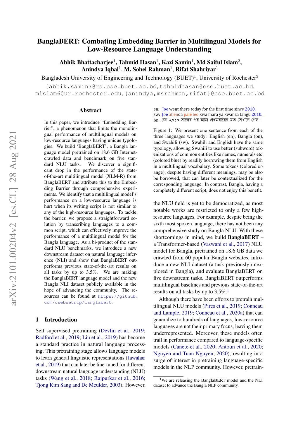 Banglabert: Combating Embedding Barrier for Low-Resource Language Understanding