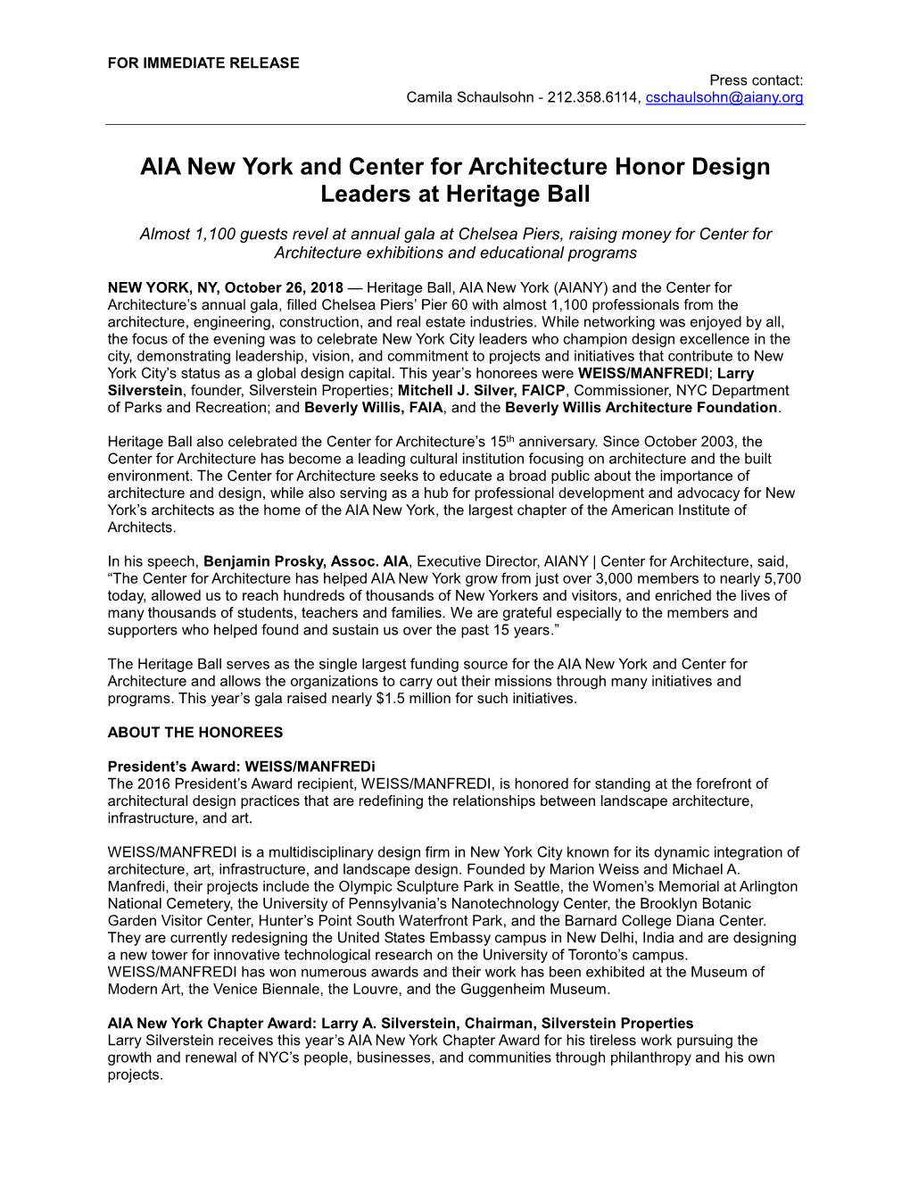 AIA New York and Center for Architecture Honor Design Leaders at Heritage Ball