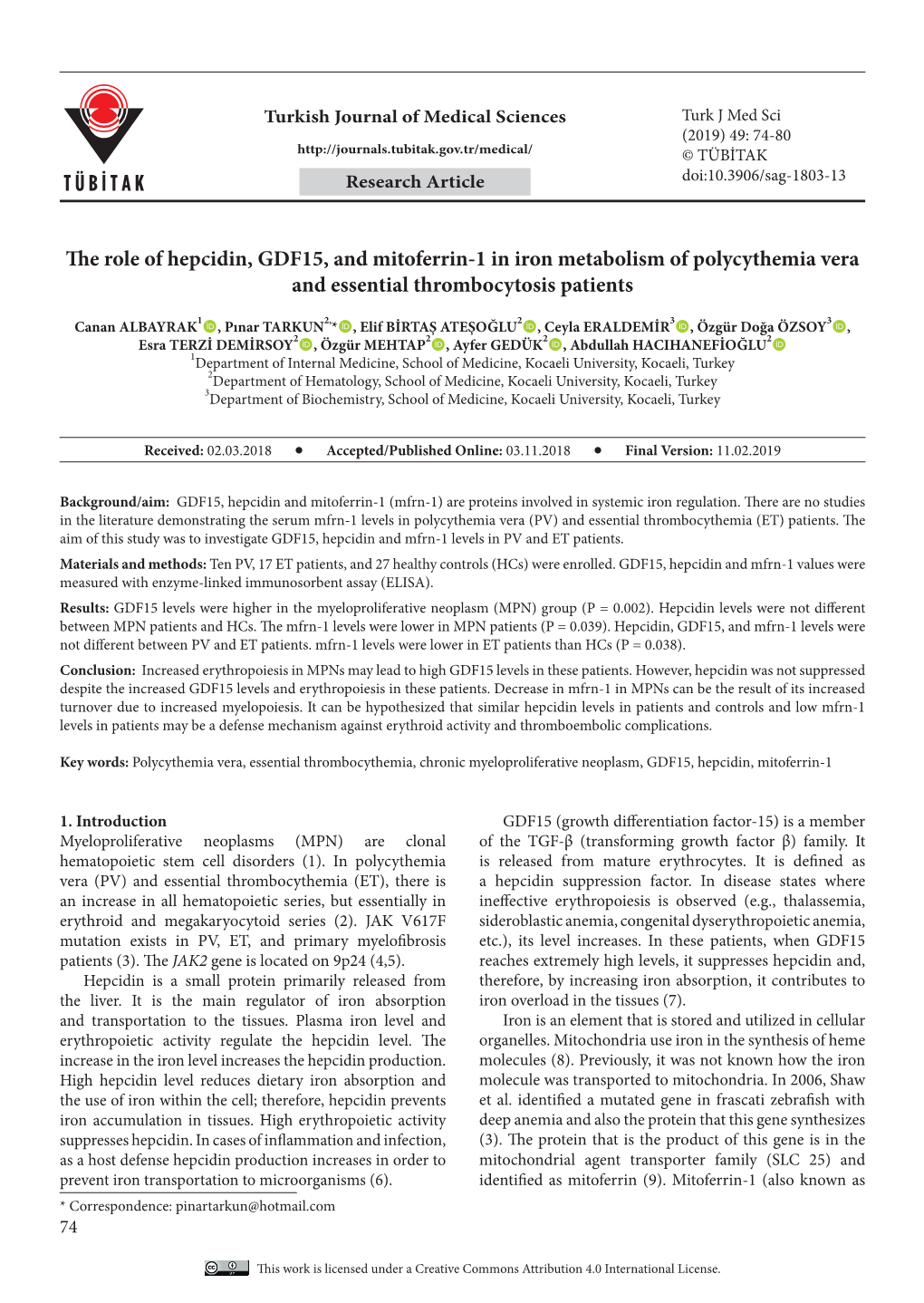 The Role of Hepcidin, GDF15, and Mitoferrin-1 in Iron Metabolism of Polycythemia Vera and Essential Thrombocytosis Patients