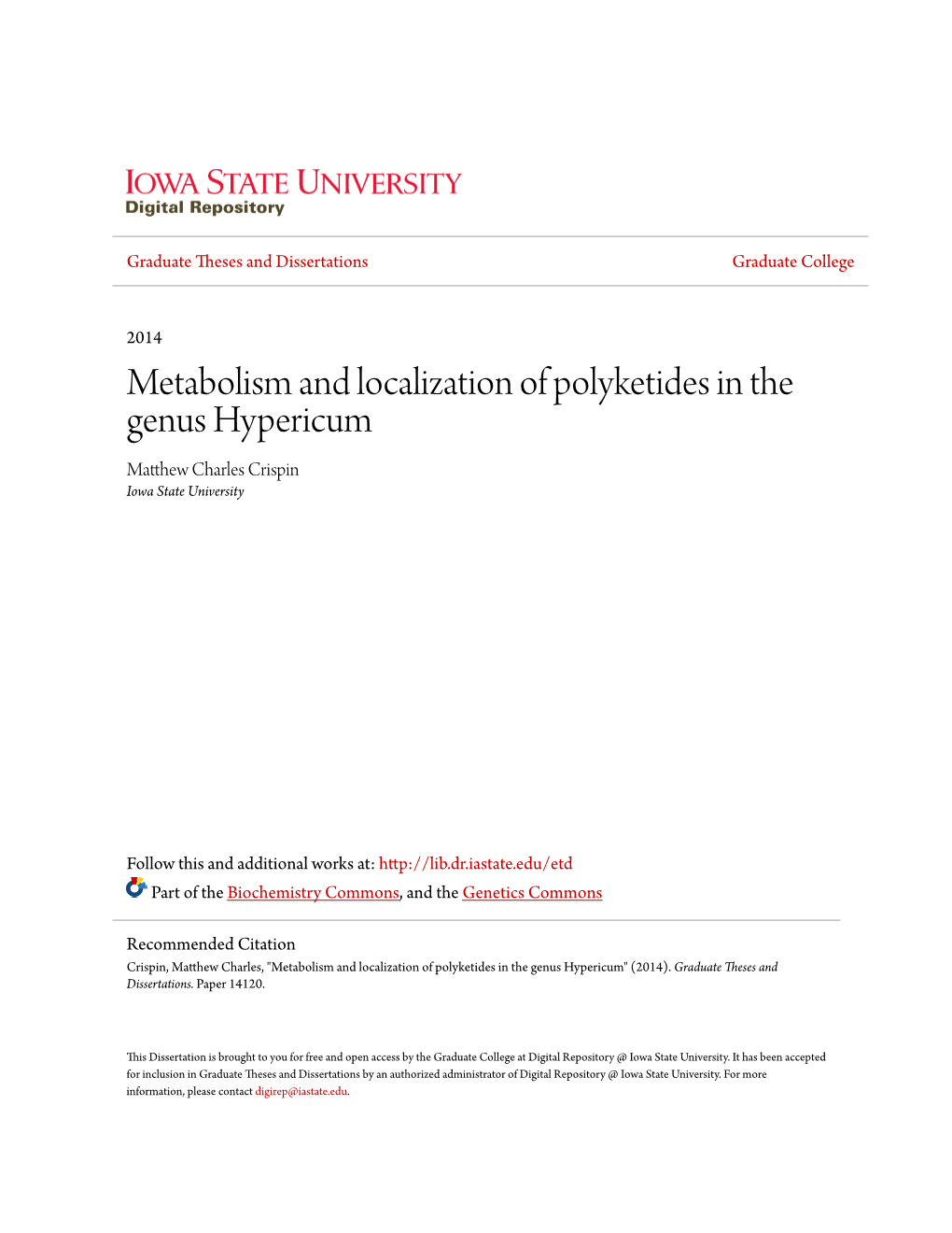 Metabolism and Localization of Polyketides in the Genus Hypericum Matthew Hc Arles Crispin Iowa State University
