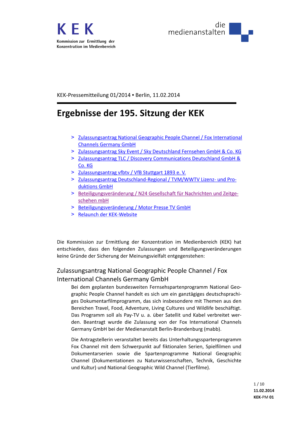 Ergebnisse Der 195. Sitzung Der KEK