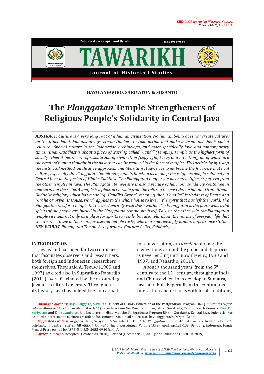 The Planggatan Temple Strengtheners of Religious People's Solidarity in Central Java