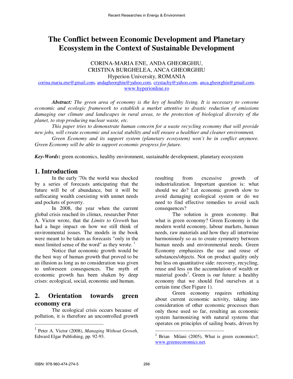 The Conflict Between Economic Development and Planetary Ecosystem in the Context of Sustainable Development