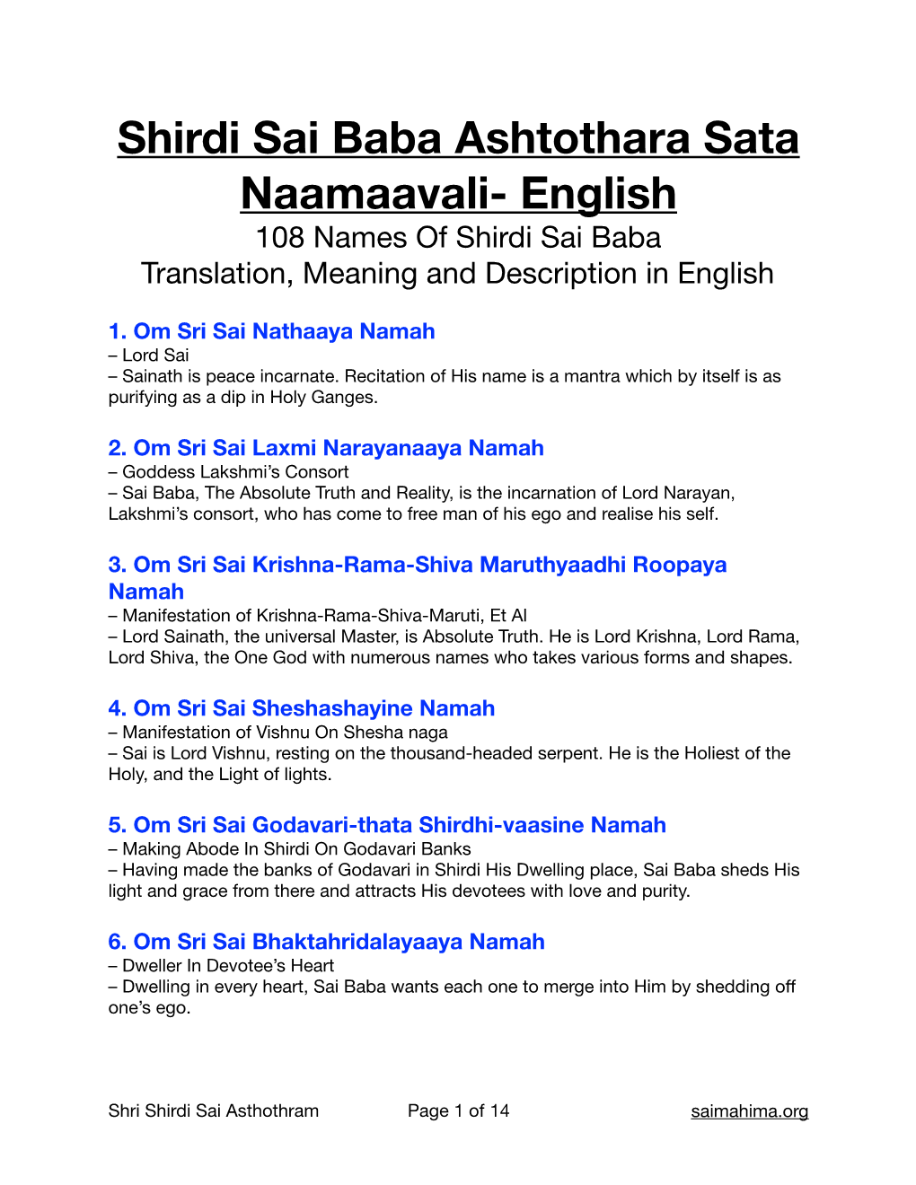 Shirdi Sai Baba Ashtothara Sata Naamaavali- English 108 Names of Shirdi Sai Baba Translation, Meaning and Description in English