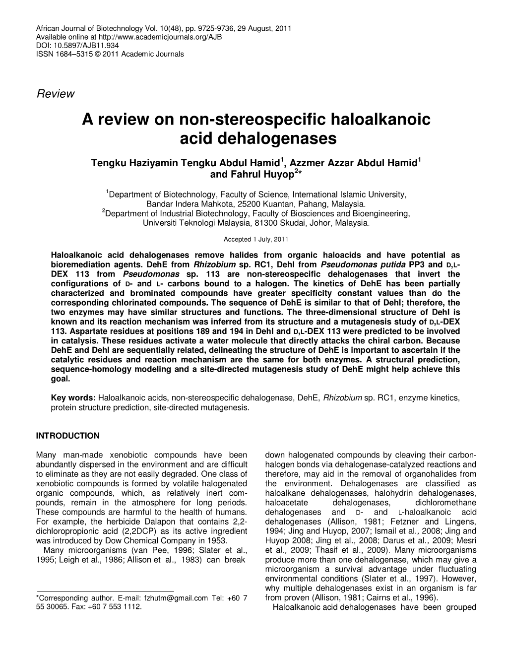 A Review on Non-Stereospecific Haloalkanoic Acid Dehalogenases