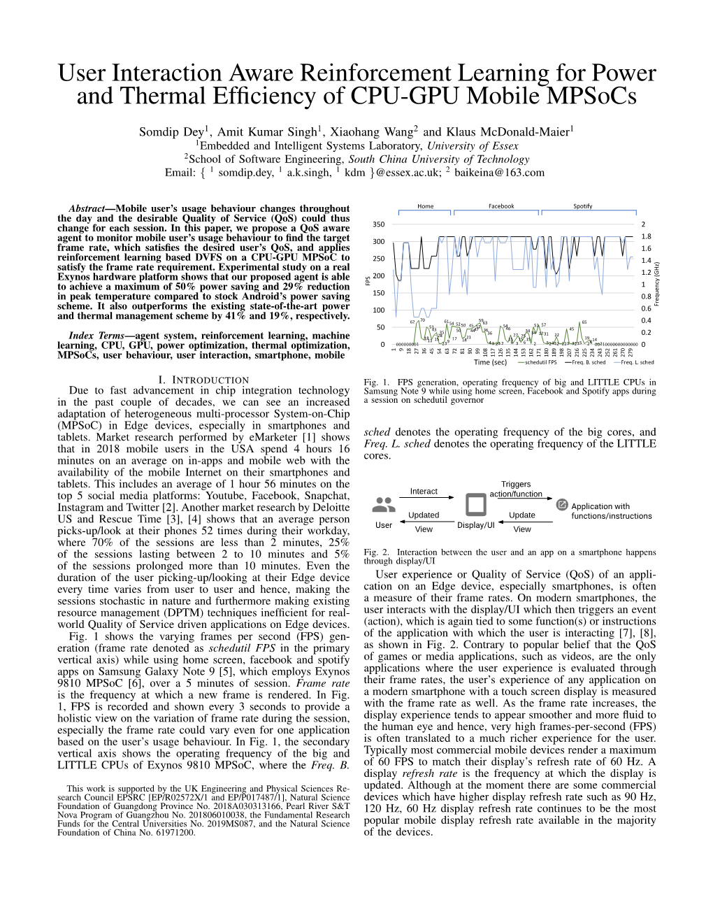 User Interaction Aware Reinforcement Learning for Power and Thermal Efﬁciency of CPU-GPU Mobile Mpsocs